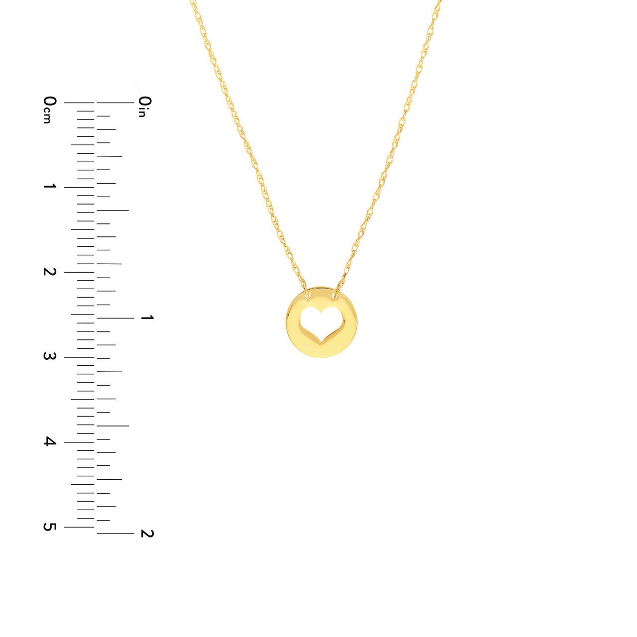 14K gold cutout heart mini disc necklace size guide