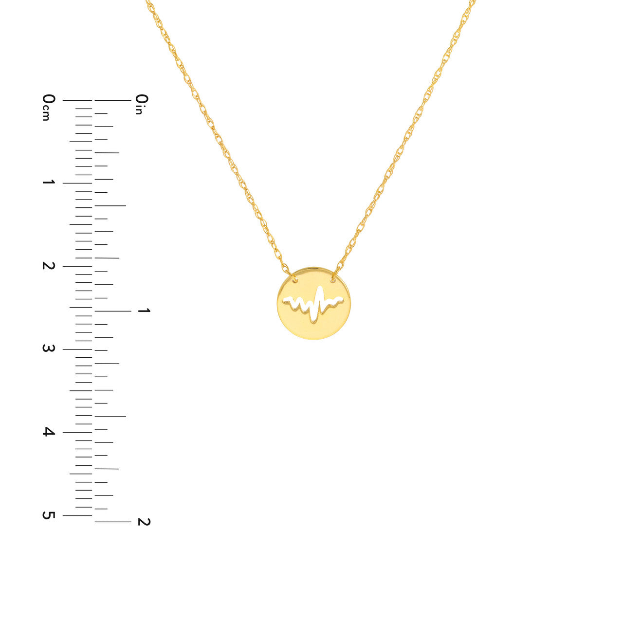 14K gold cutout heartbeat mini disc necklace, close-up of the heartbeat cutout