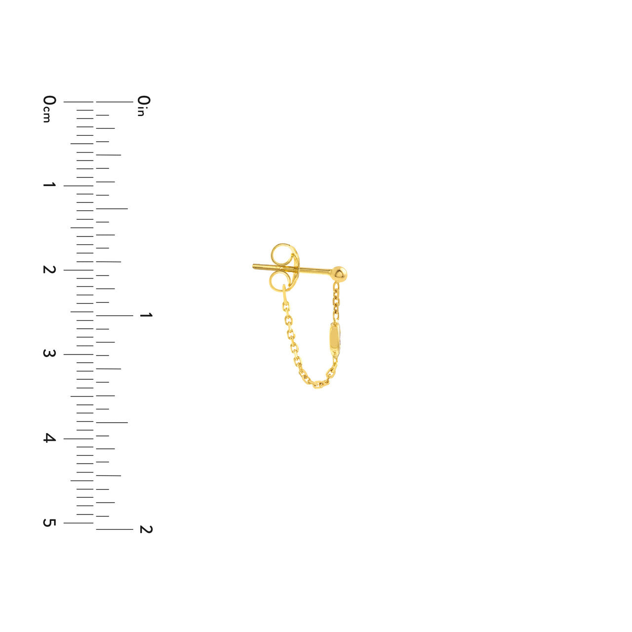 14K gold diamond chain huggie earrings with diamond accents on a fine chain drop