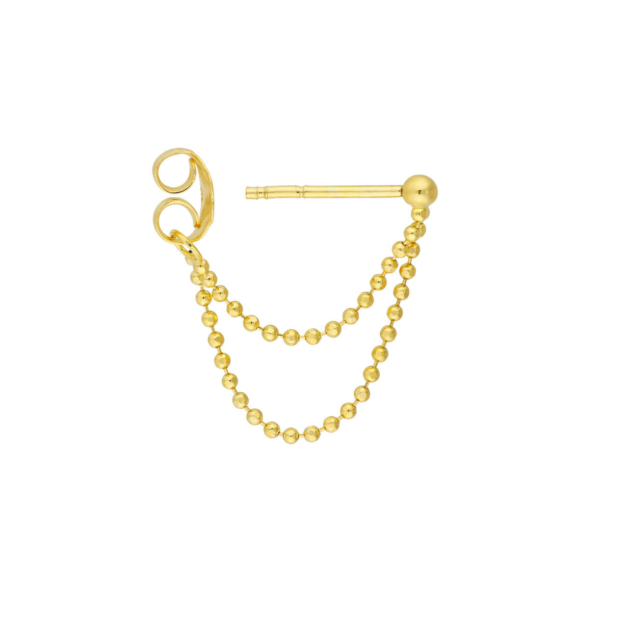 14K gold double chain huggie earrings, detail view of the beaded chains