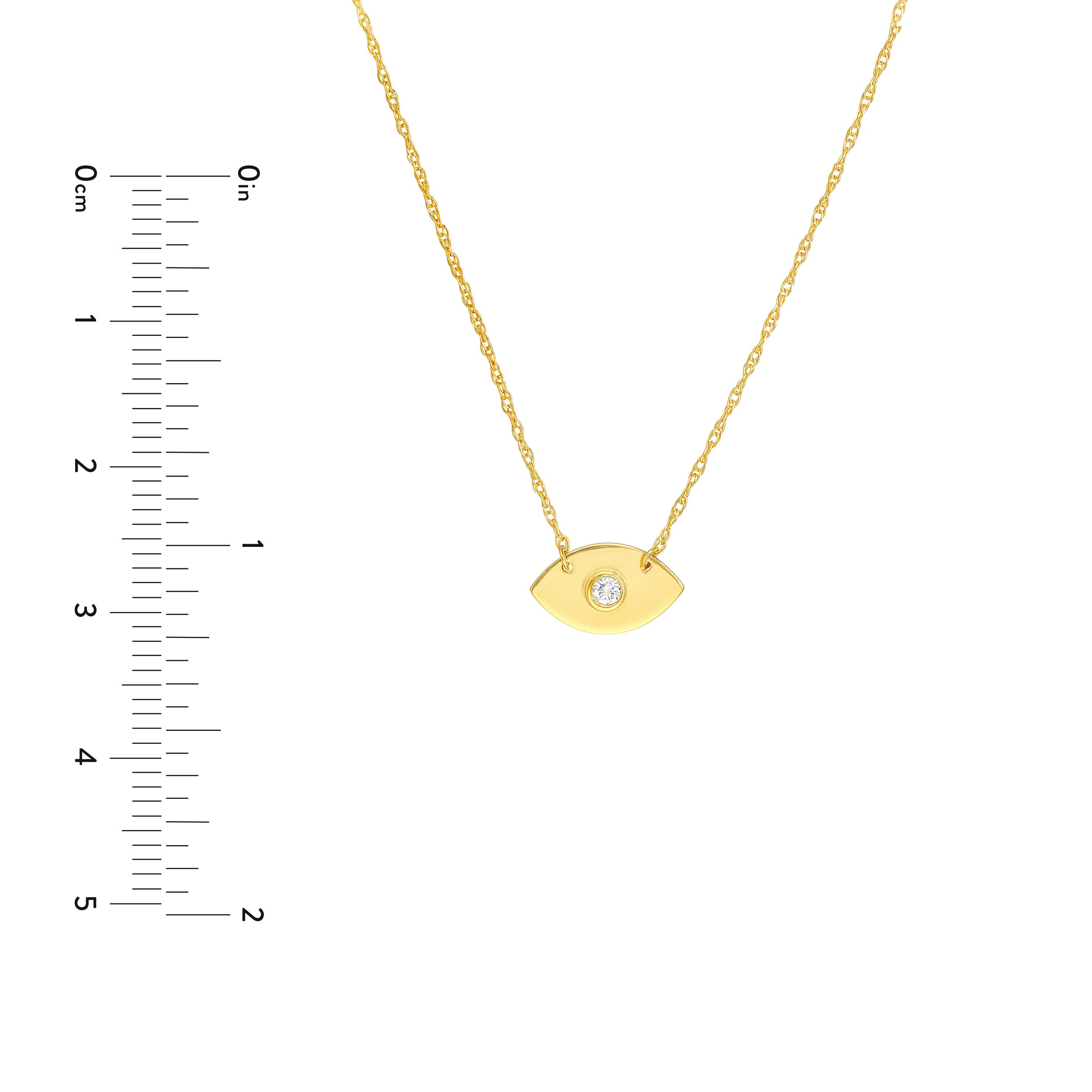 14K gold diamond evil eye necklace, side view
