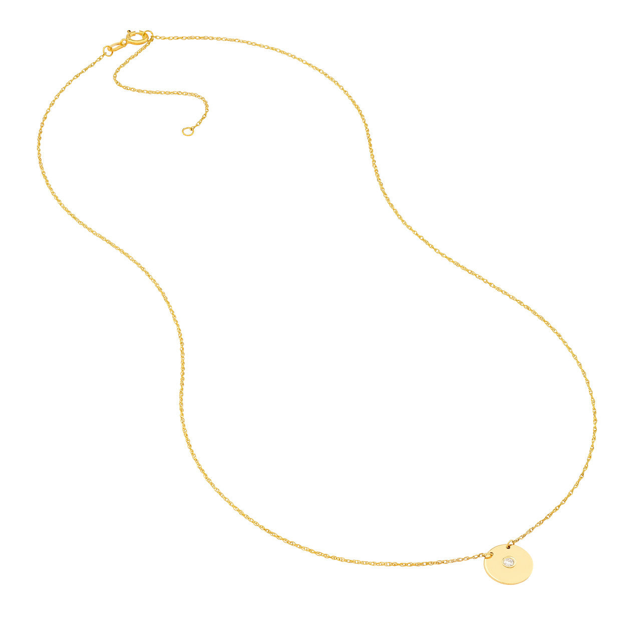 14K gold diamond disk necklace, polished finish and delicate chain