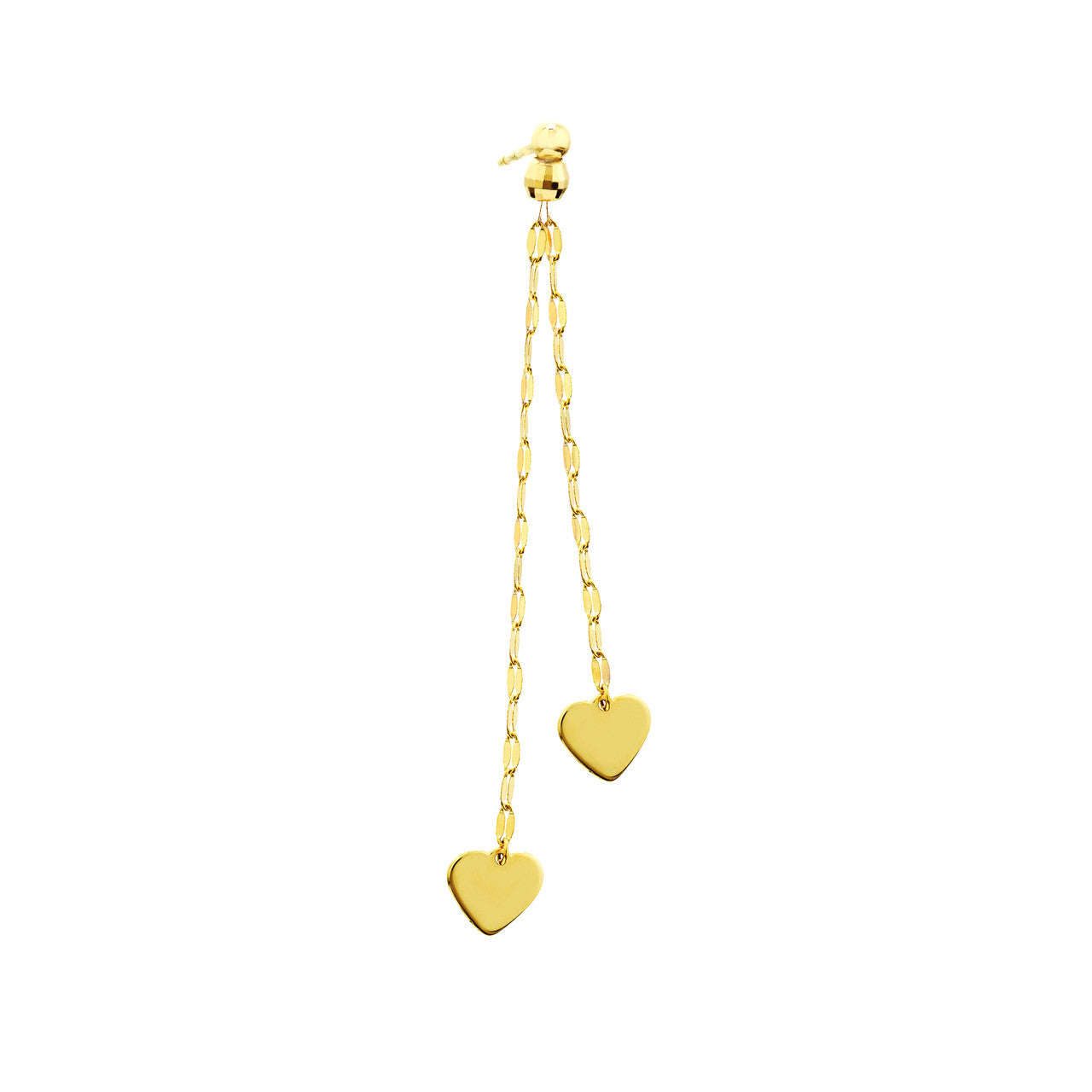 14K gold polished double strand dangle heart earrings, detail view