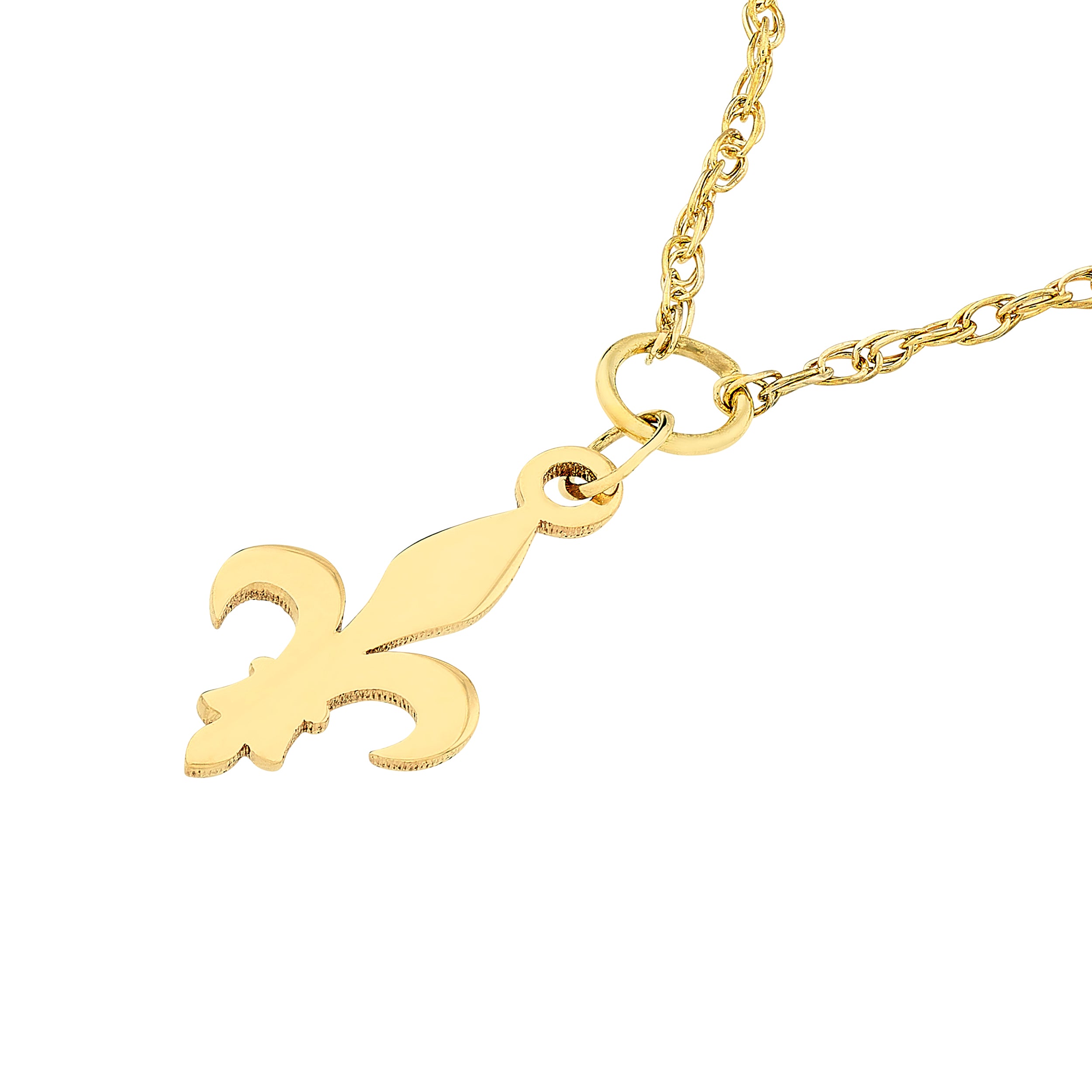 14K gold fleur-de-lis pendant necklace, detail view