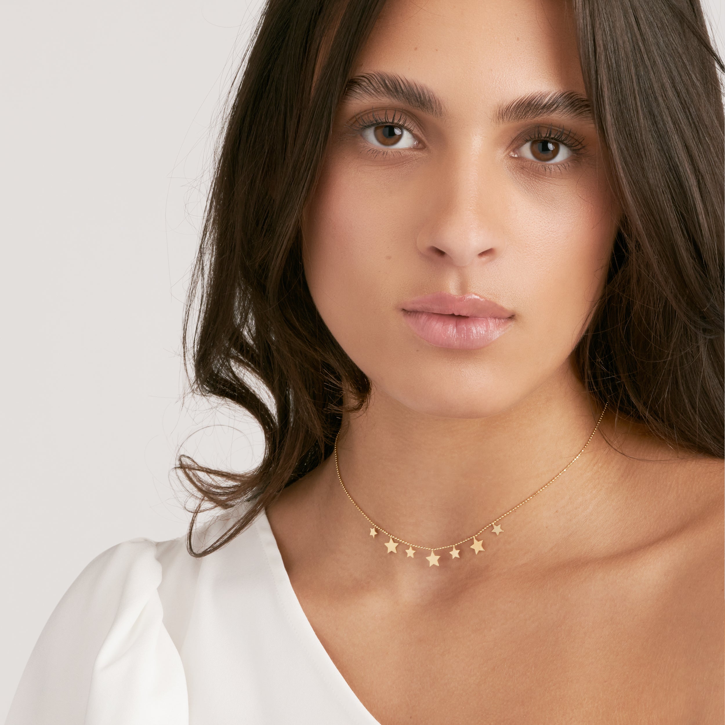 14K gold multi-star dangle choker, detail view