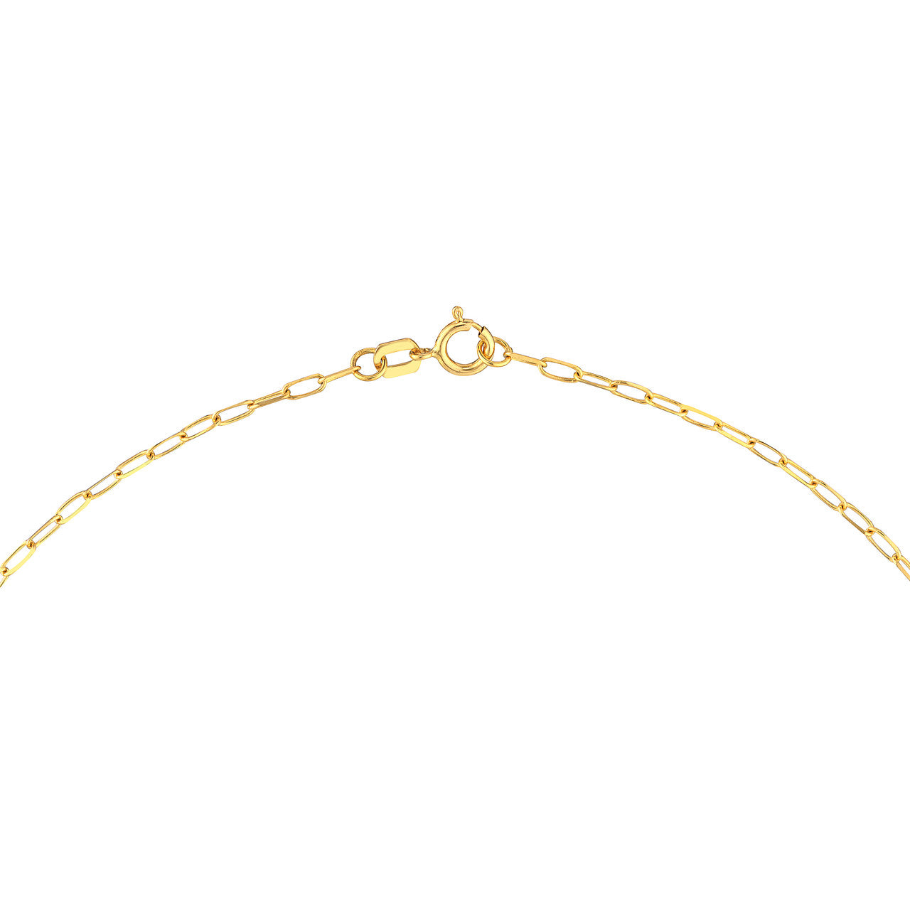 14K gold dangle heart paper clip necklace, close-up of the heart charm