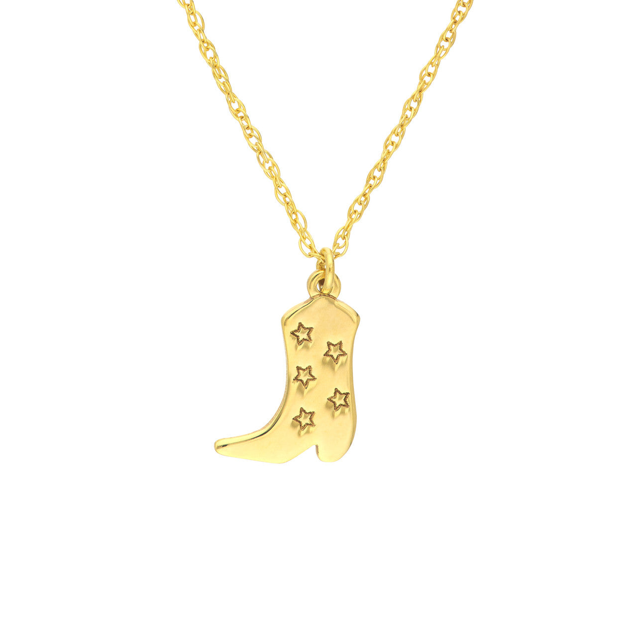 Simple Five Stars cowboy boot necklace with intricate details and a silver chain, perfect for western-themed accessories.