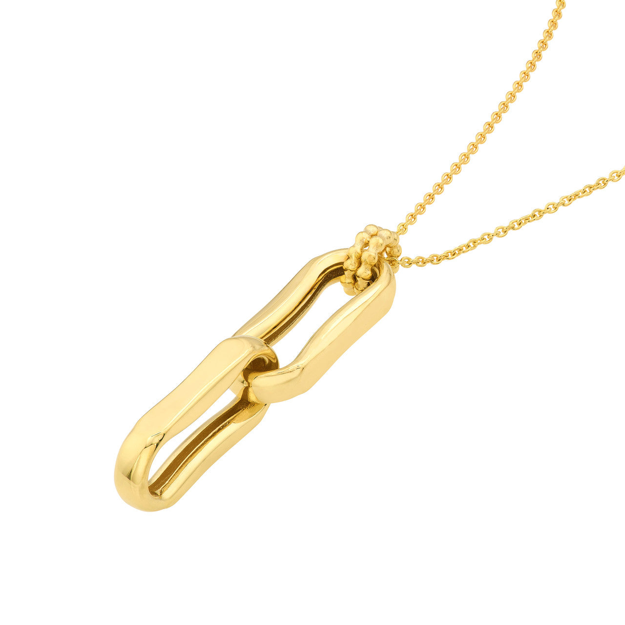 14K gold double oval link pendant necklace on a delicate chain