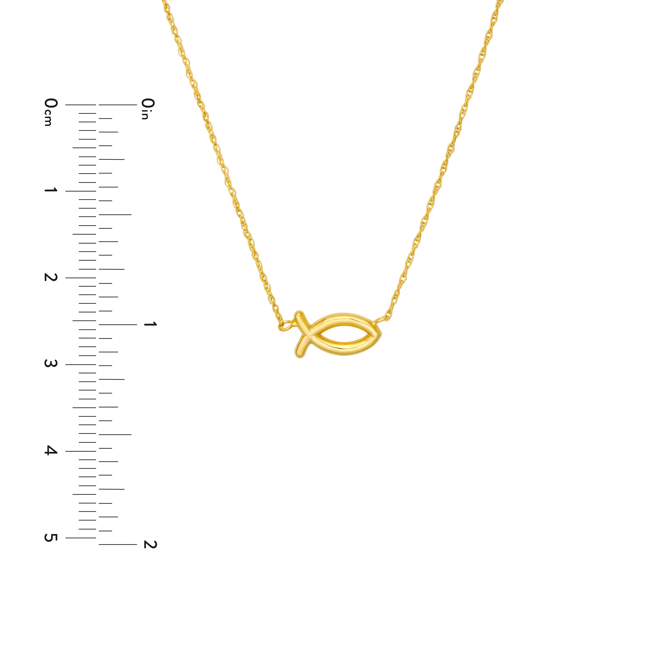 14K gold Ichthys fish necklace, side view