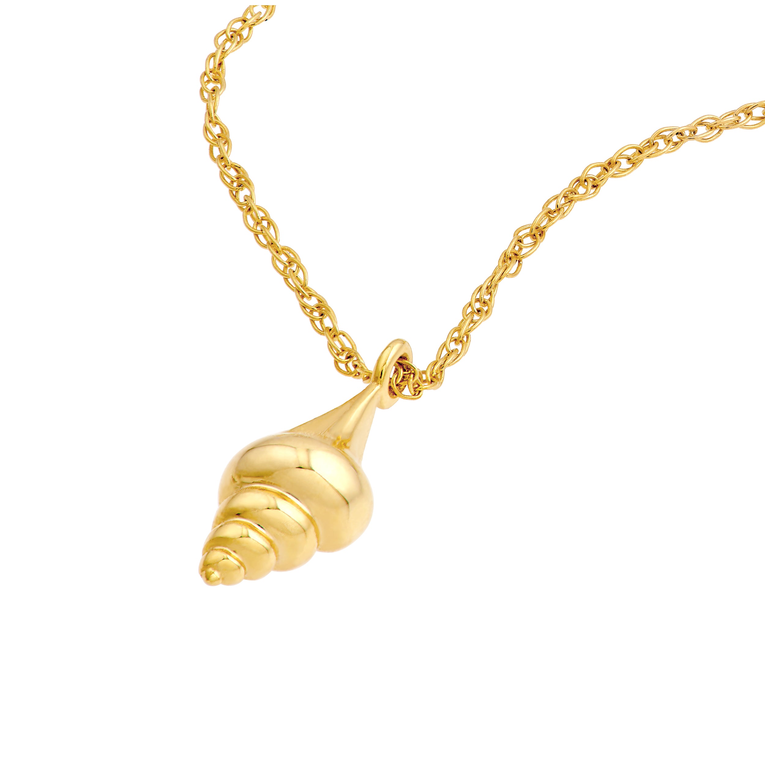 14K gold shell pendant necklace, detail view