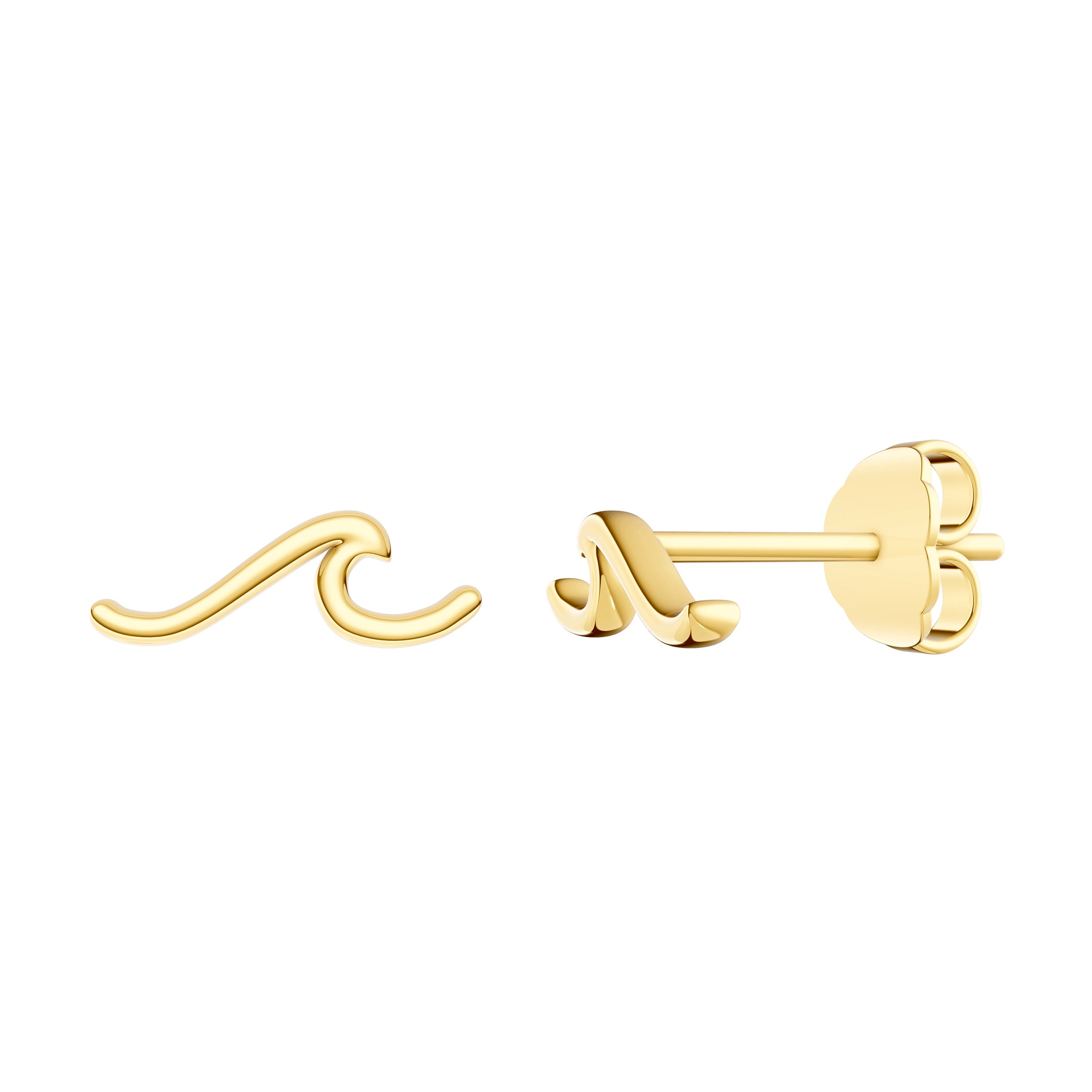 14K gold wave stud earrings, close-up view