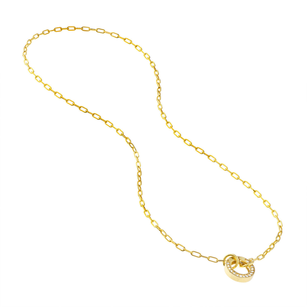 Close-up of open paperclip links on a 14K gold chain necklace