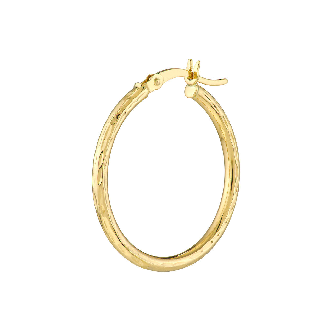 14K gold diamond-cut 2mm x 25mm hoop earrings with a polished finish
