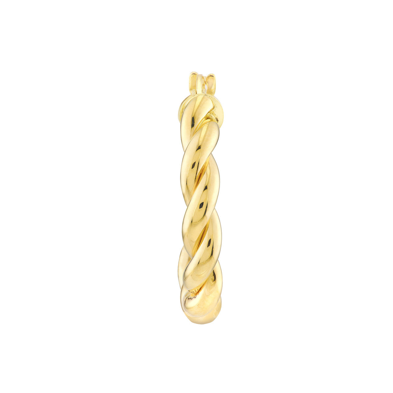 Close-up of 15mm 14K gold braided hoop earrings