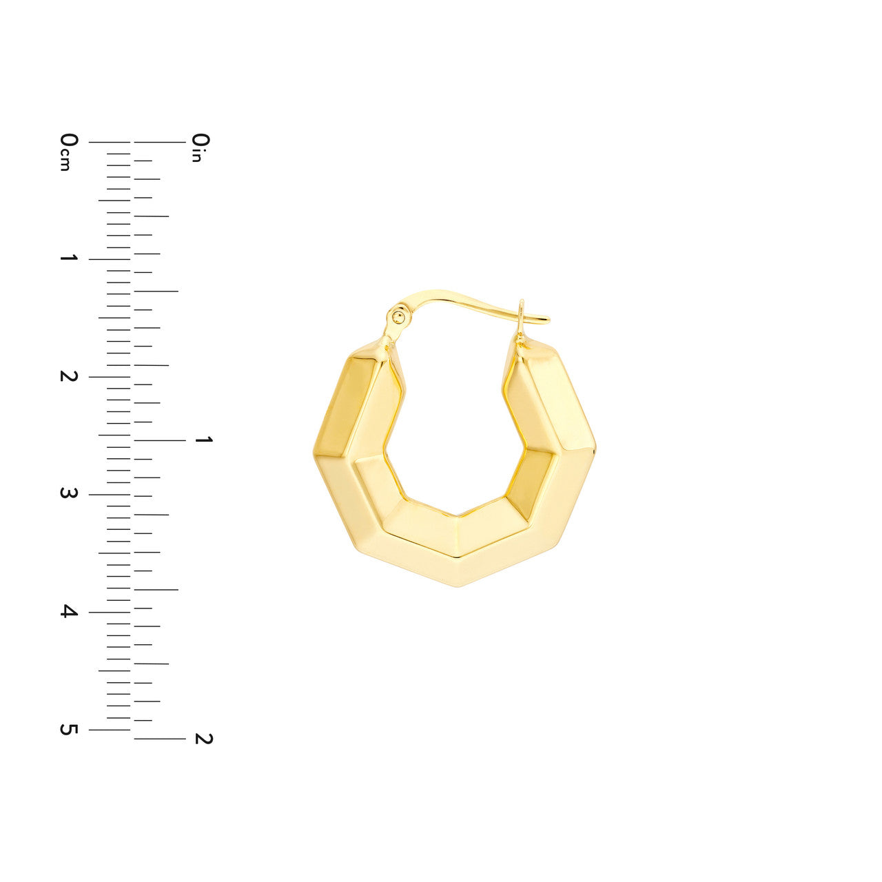 14K gold hexagon hoop earrings, dimensional six-sided profile