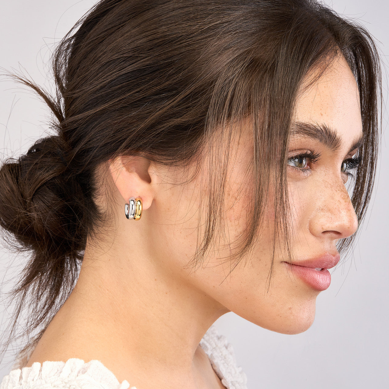 Small double two-tone open hoop earrings by VIA Jewelers, featuring a sleek design with polished and matte finishes.