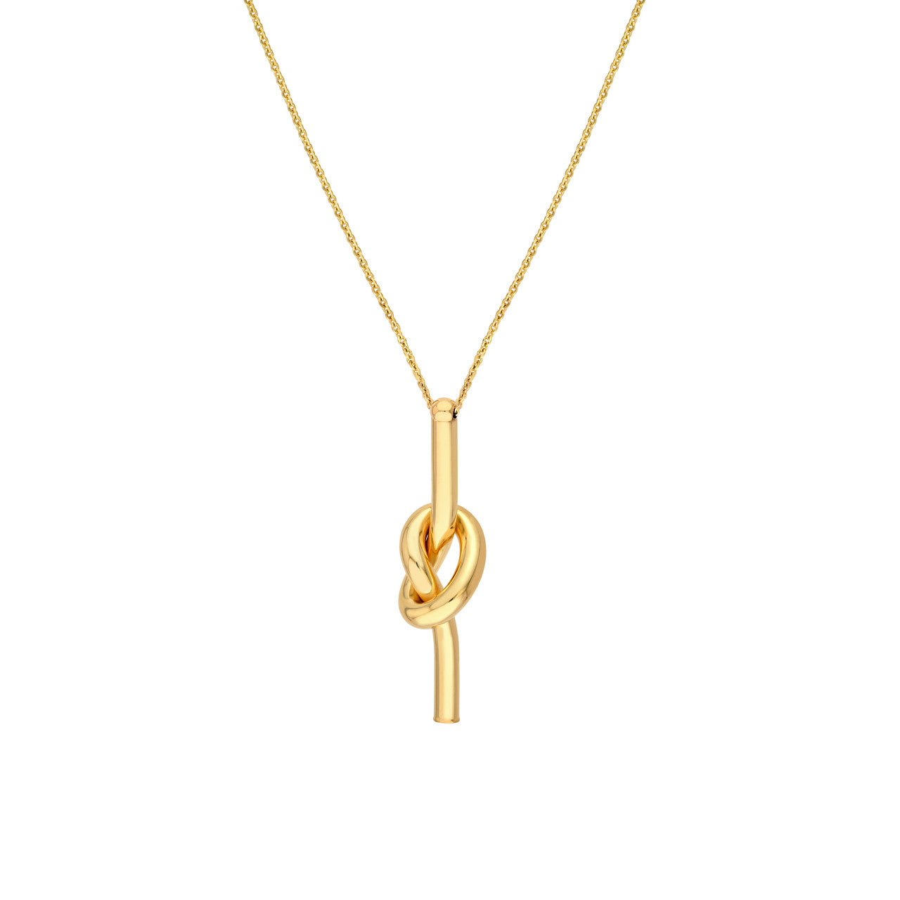 VIA Jewelers knot pendant necklace featuring a delicate design with intertwined loops in polished metal.
