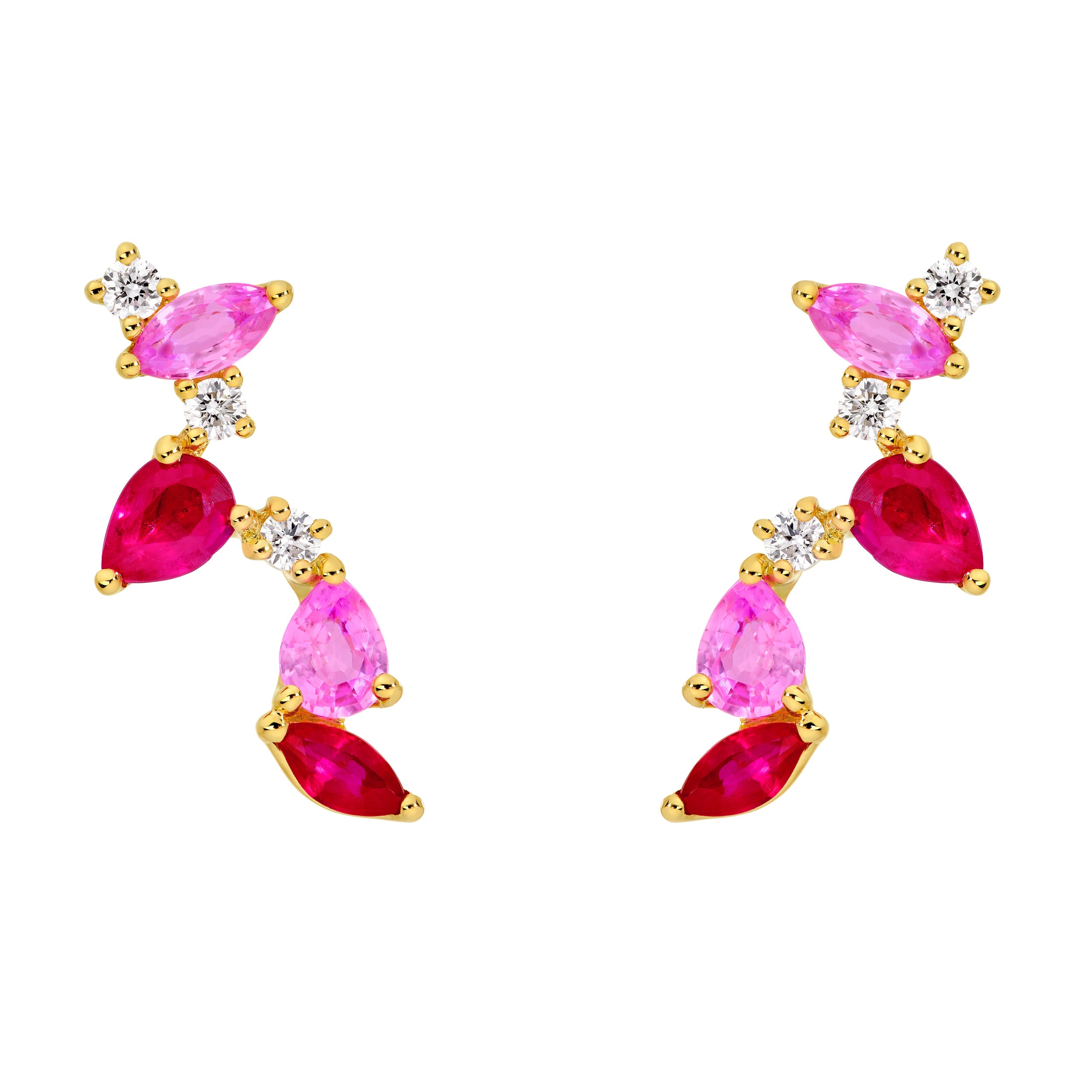14K gold pink blossom climber stud earrings with ruby, sapphire and diamond accents