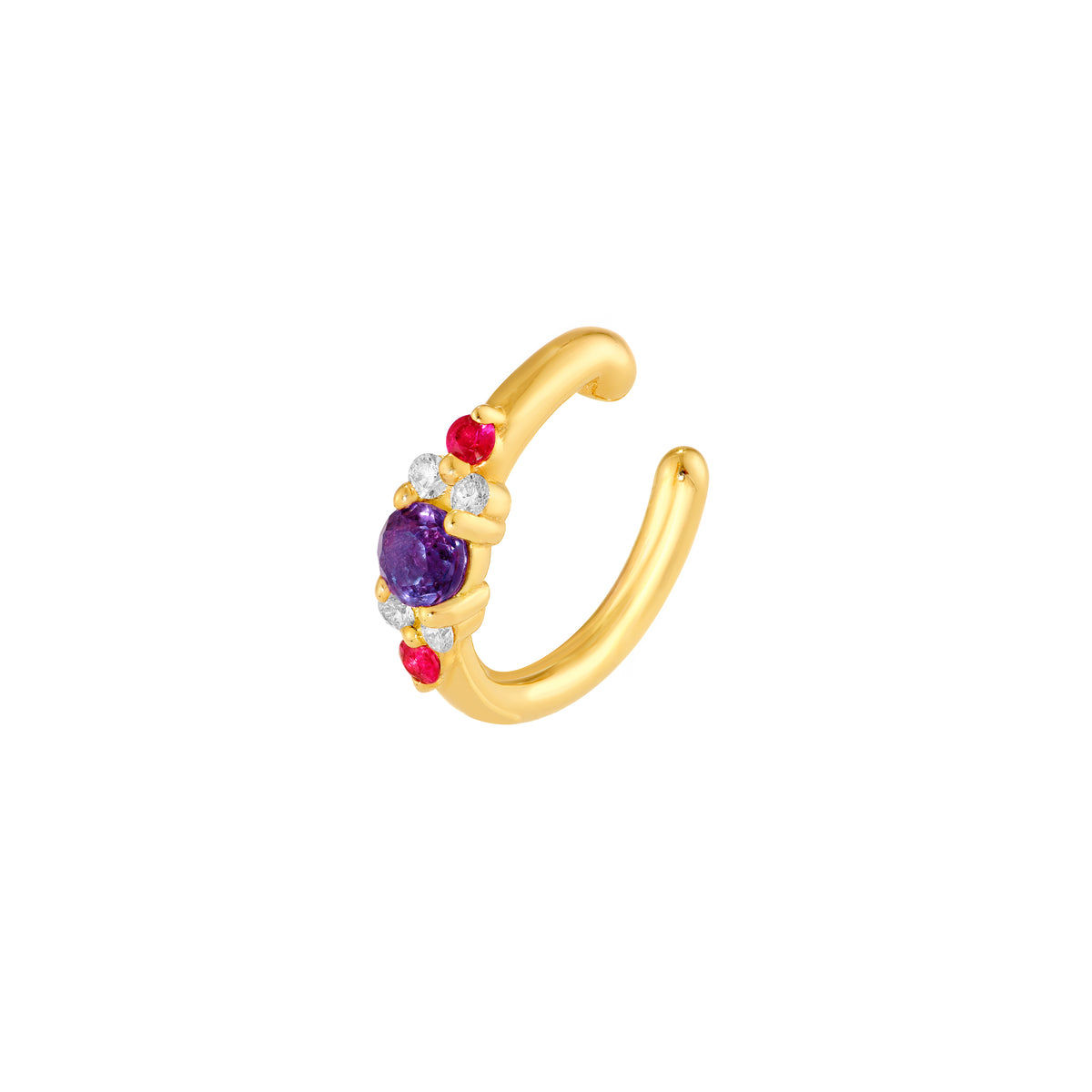 14K gold amethyst and ruby cluster ear cuff, alternate view