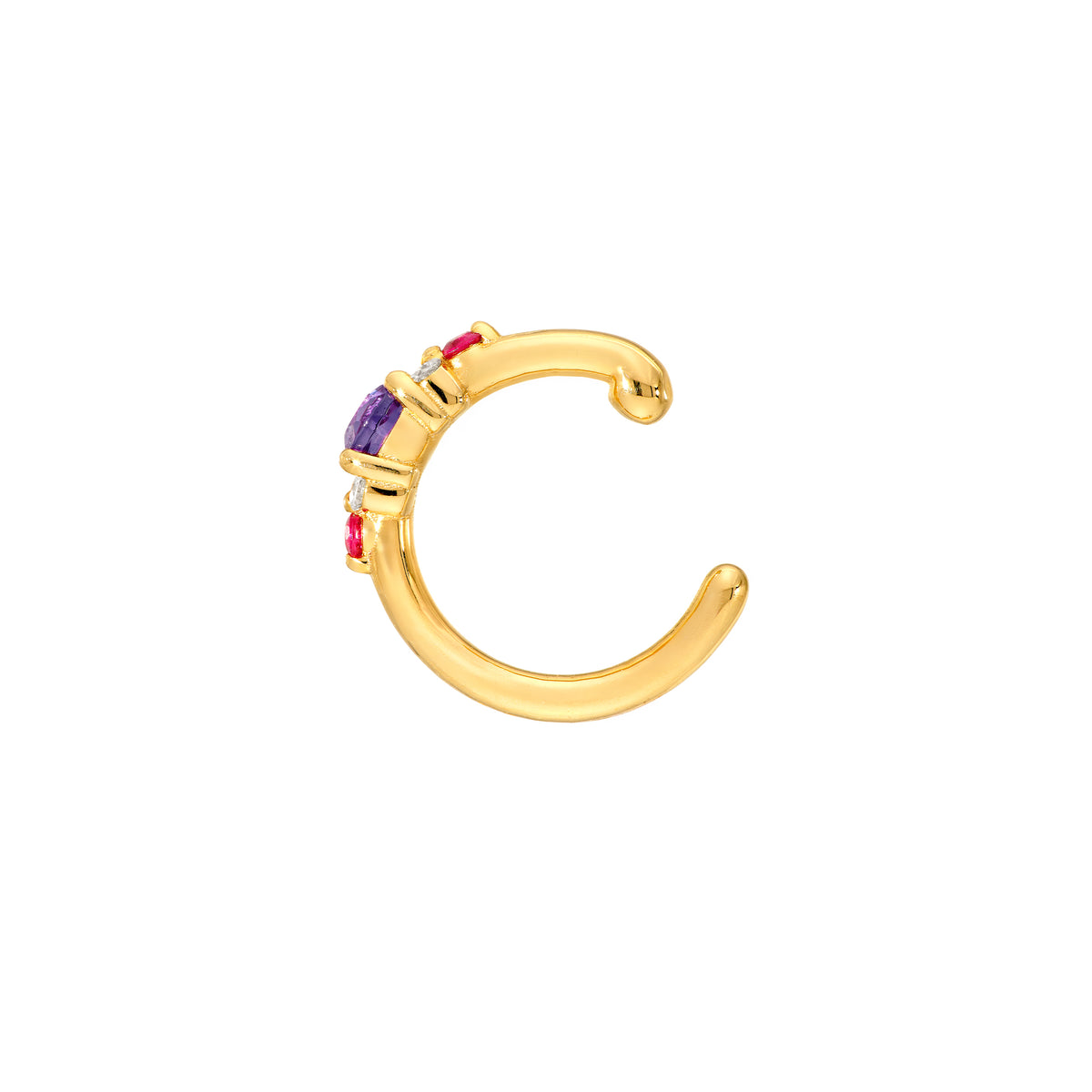 14K gold amethyst and ruby cluster ear cuff, side view