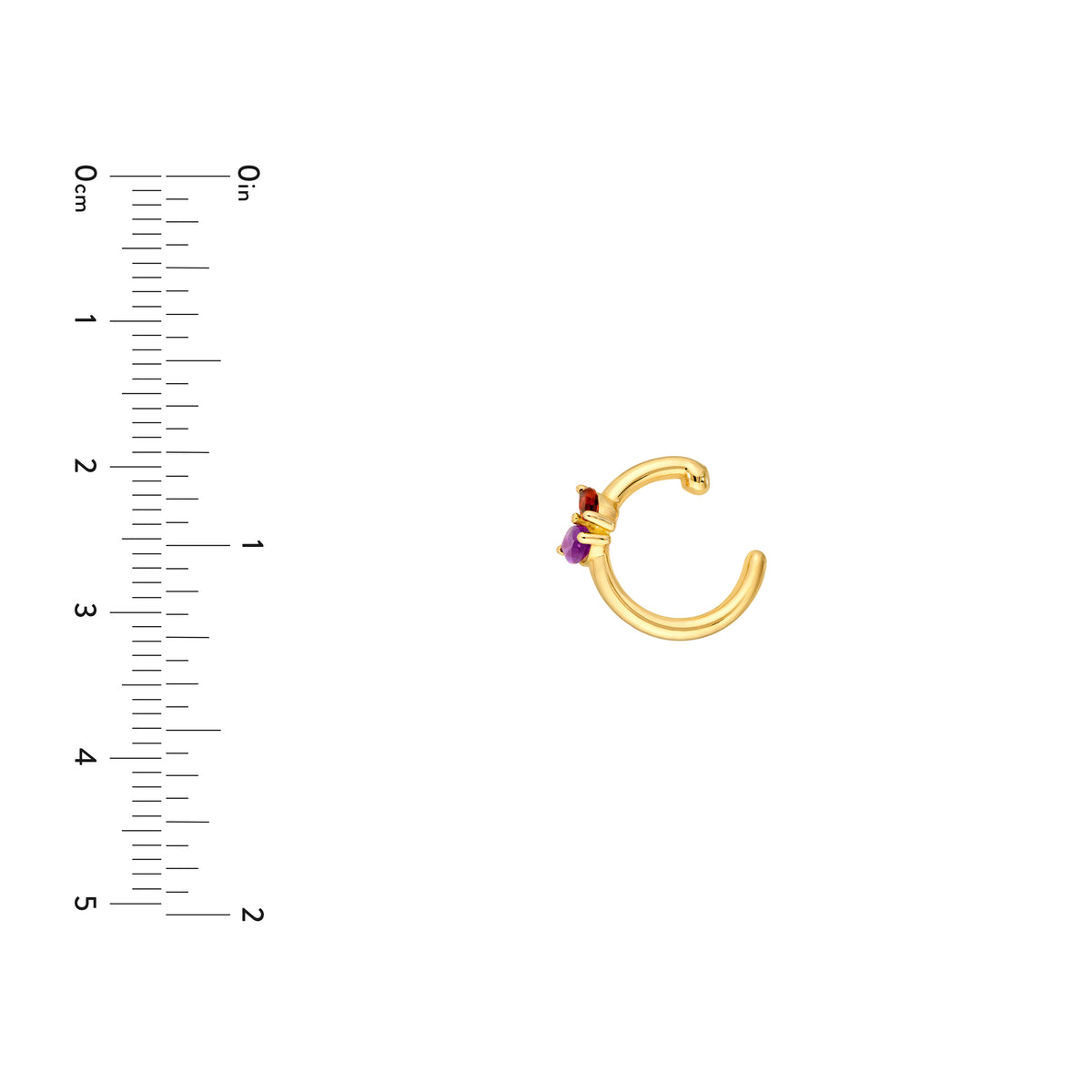 14K gold garnet and amethyst marquise ear cuff, size reference view