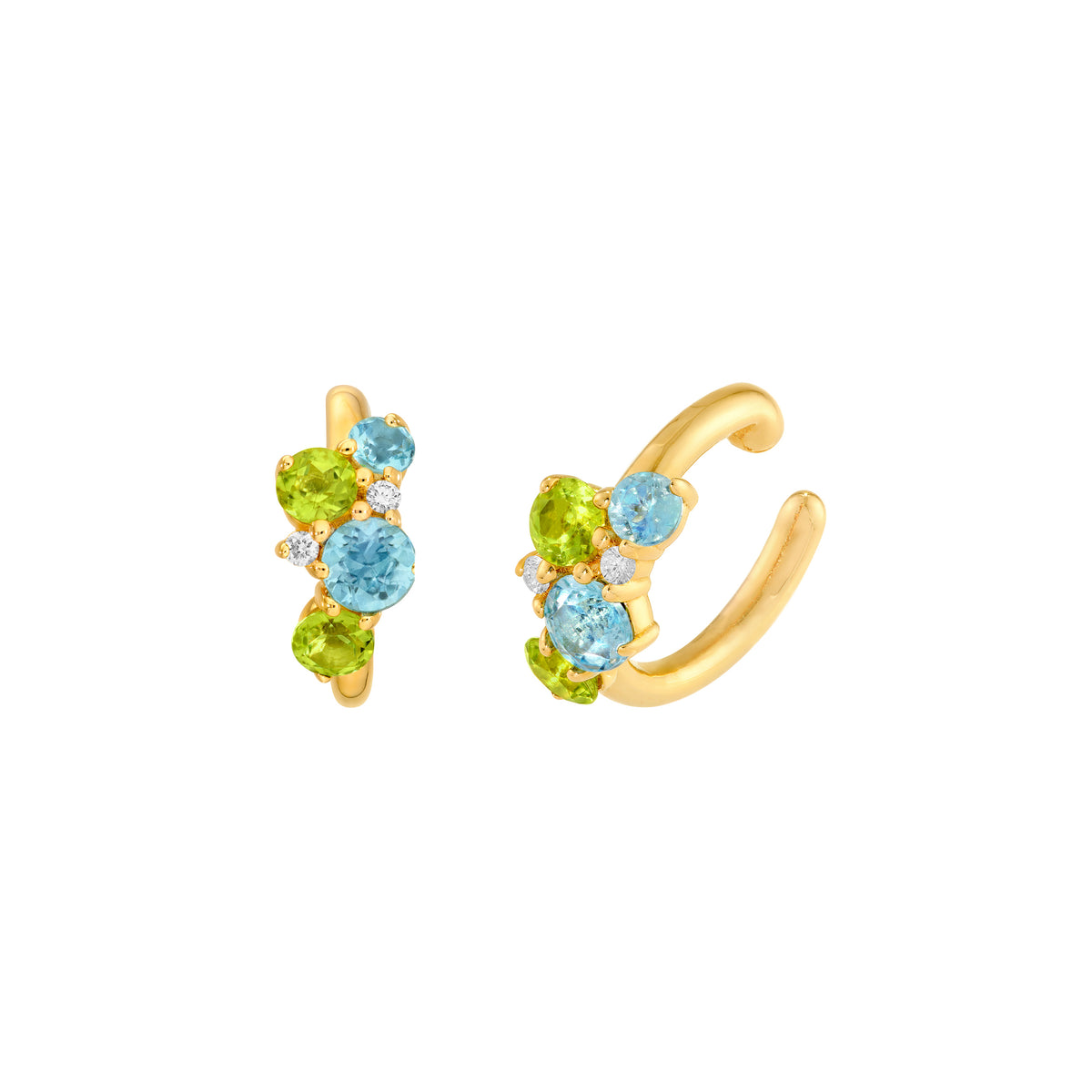 14K yellow gold ear cuff with sky blue topaz, green peridot and a diamond accent