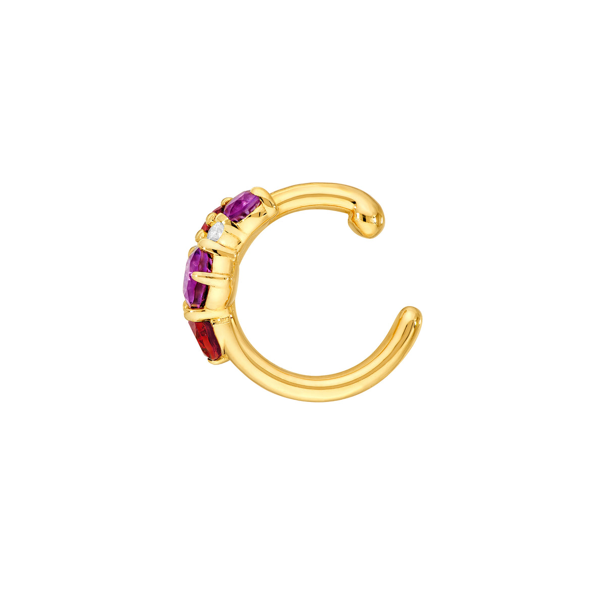 14K gold garnet and amethyst diamond cluster ear cuff, side view