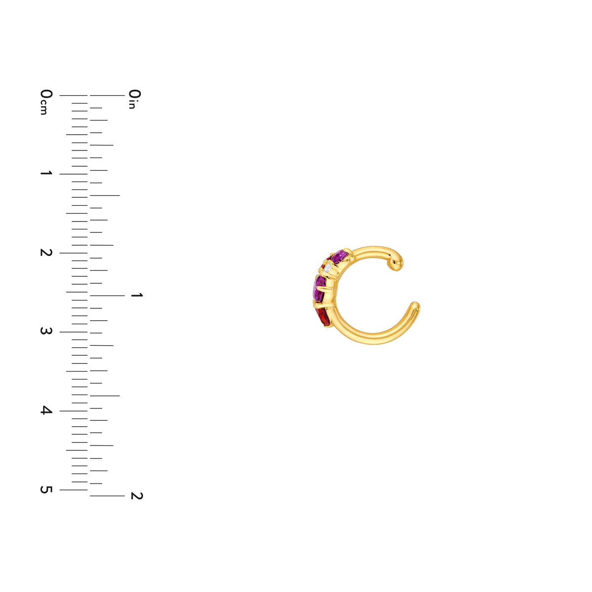 14K gold garnet and amethyst diamond cluster ear cuff, size reference view