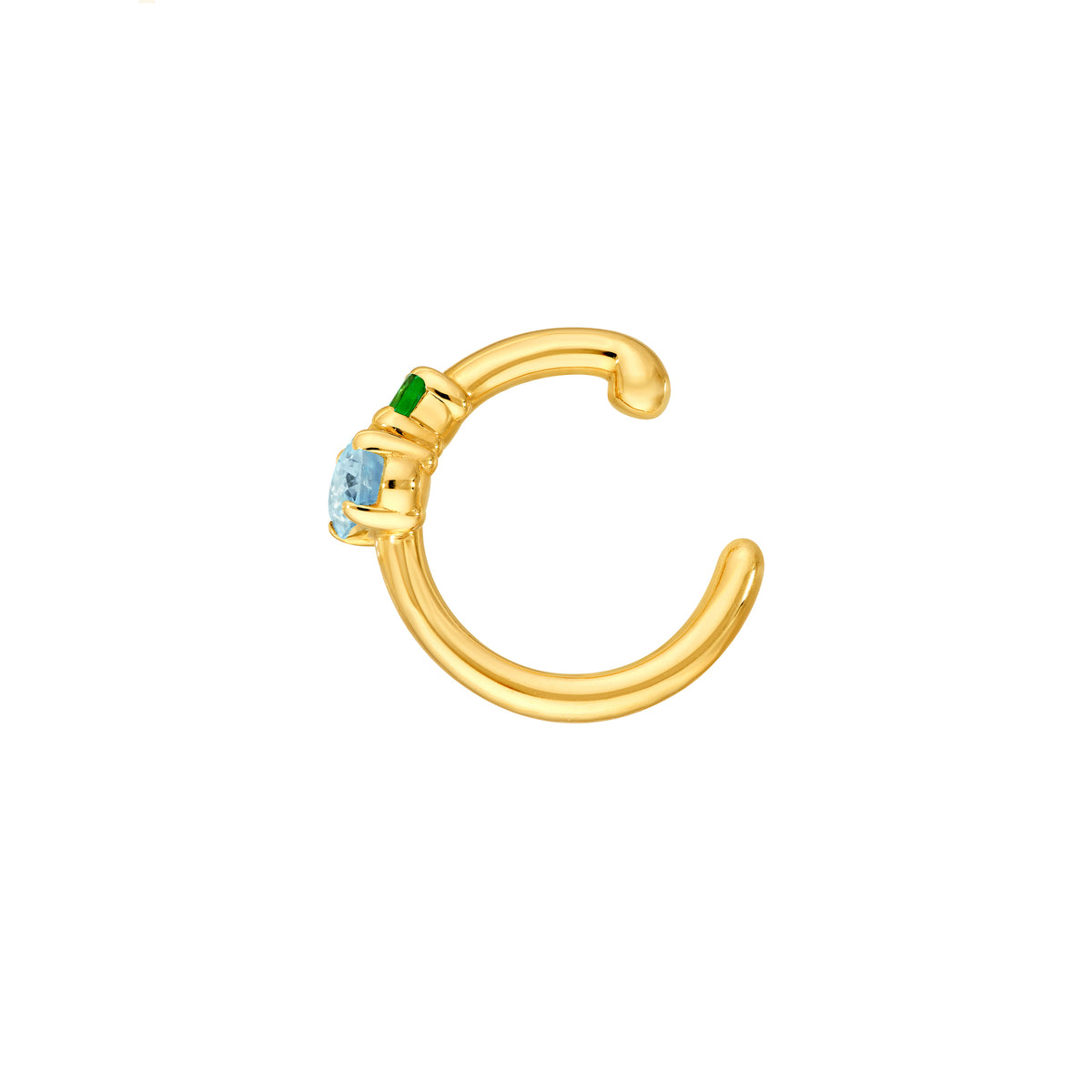 14K gold sky blue topaz and tsavorite ear cuff, side view