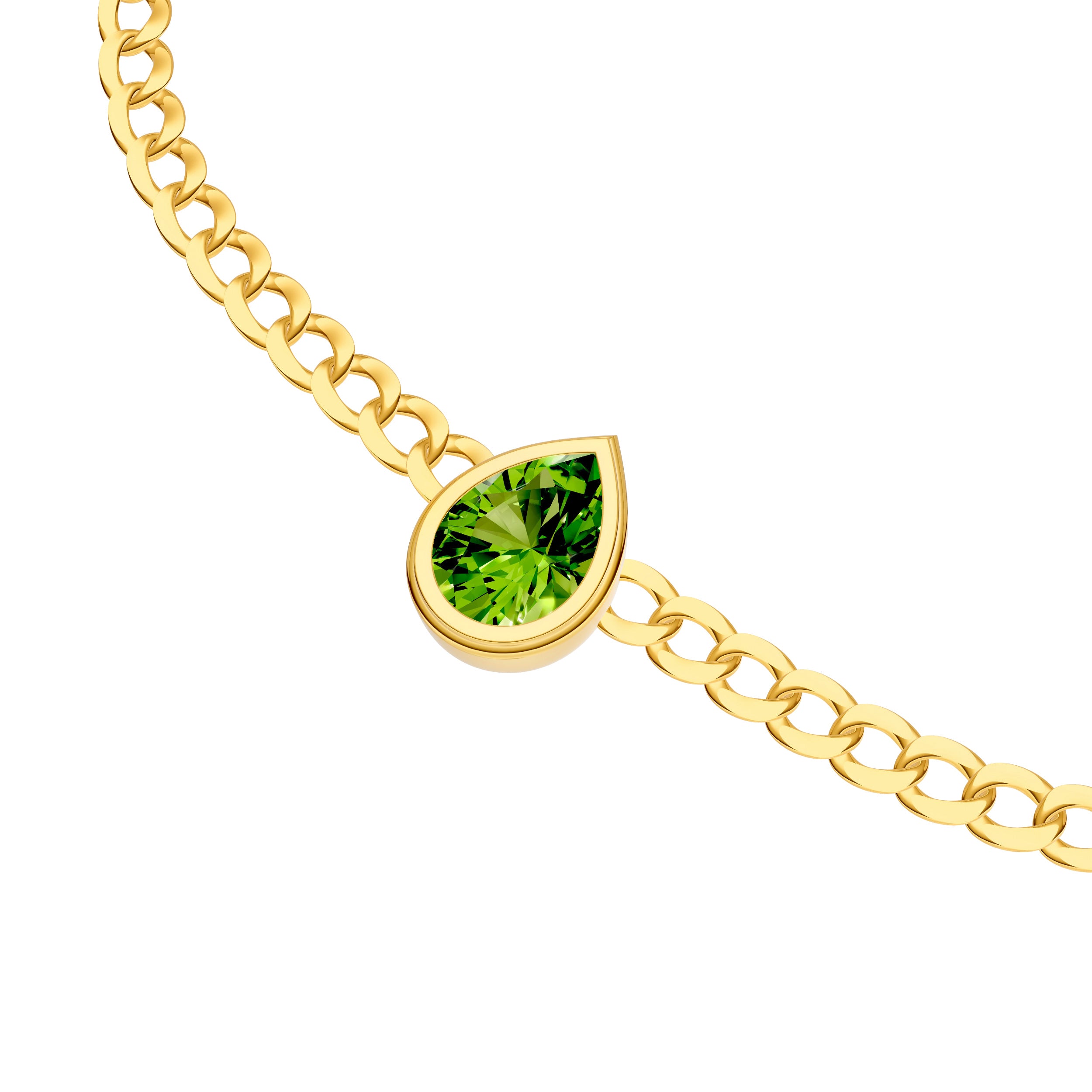 14K gold pear peridot curb bracelet, detail view