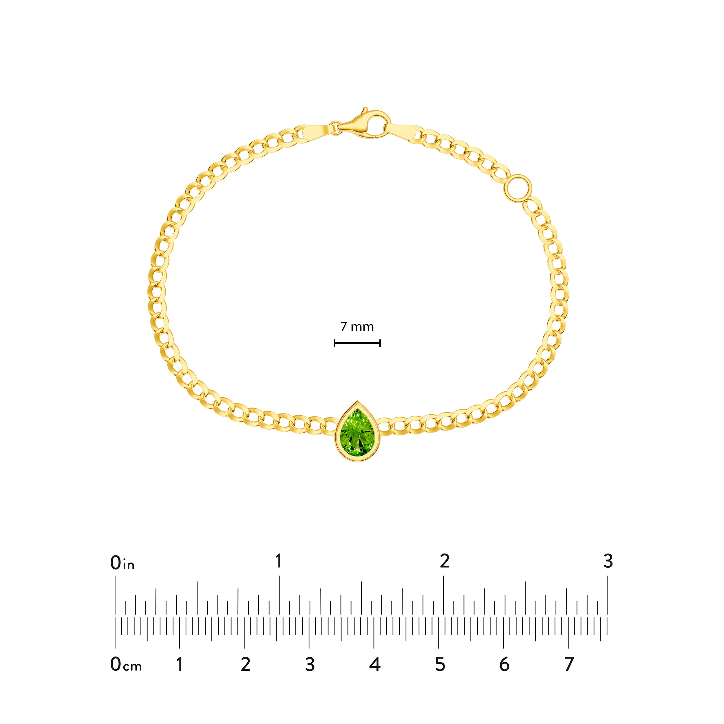 14K gold pear peridot curb bracelet, close-up of the stone