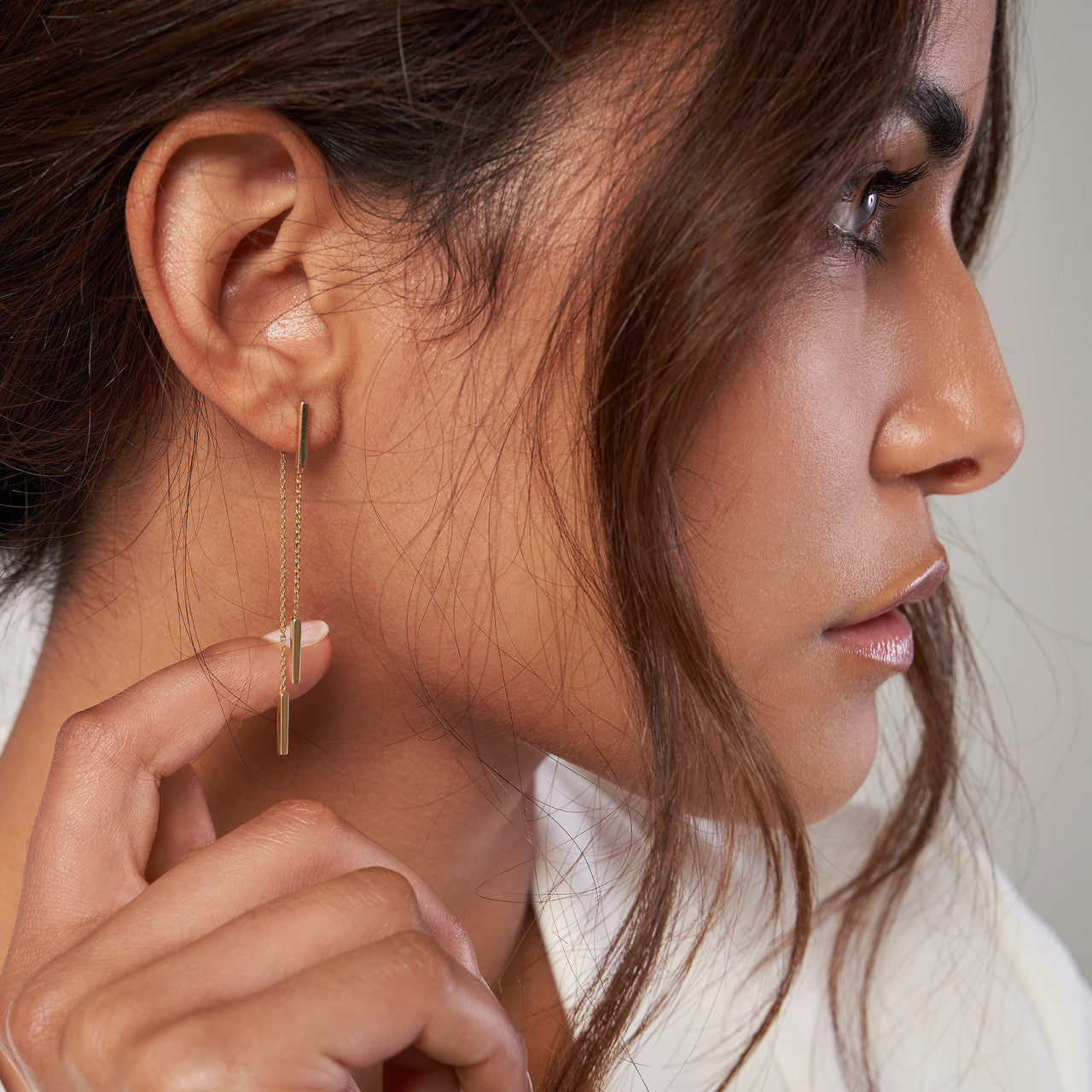 14K gold double staple bar earrings, minimalist design for everyday wear