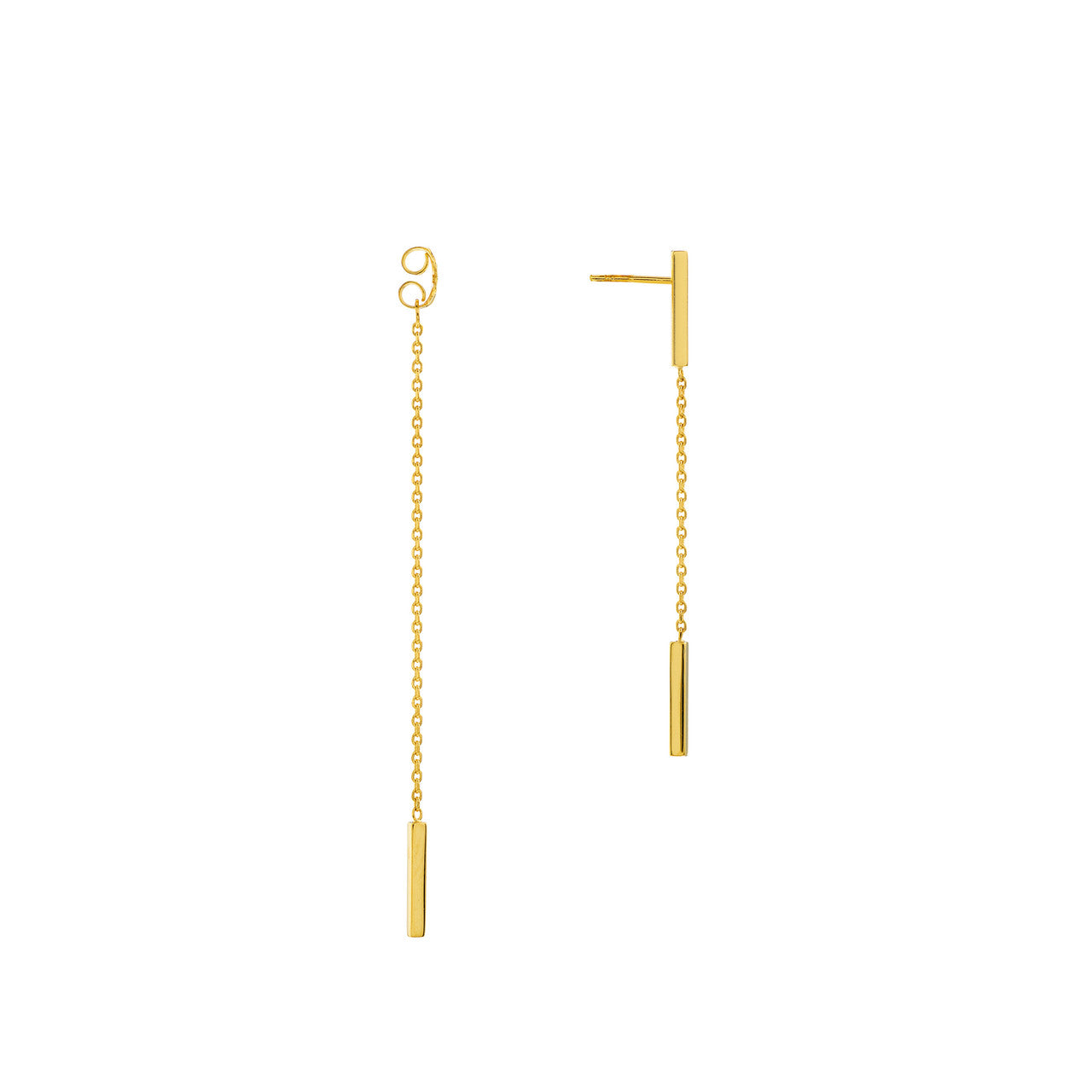 14K gold double staple bar dangle earrings, detail view