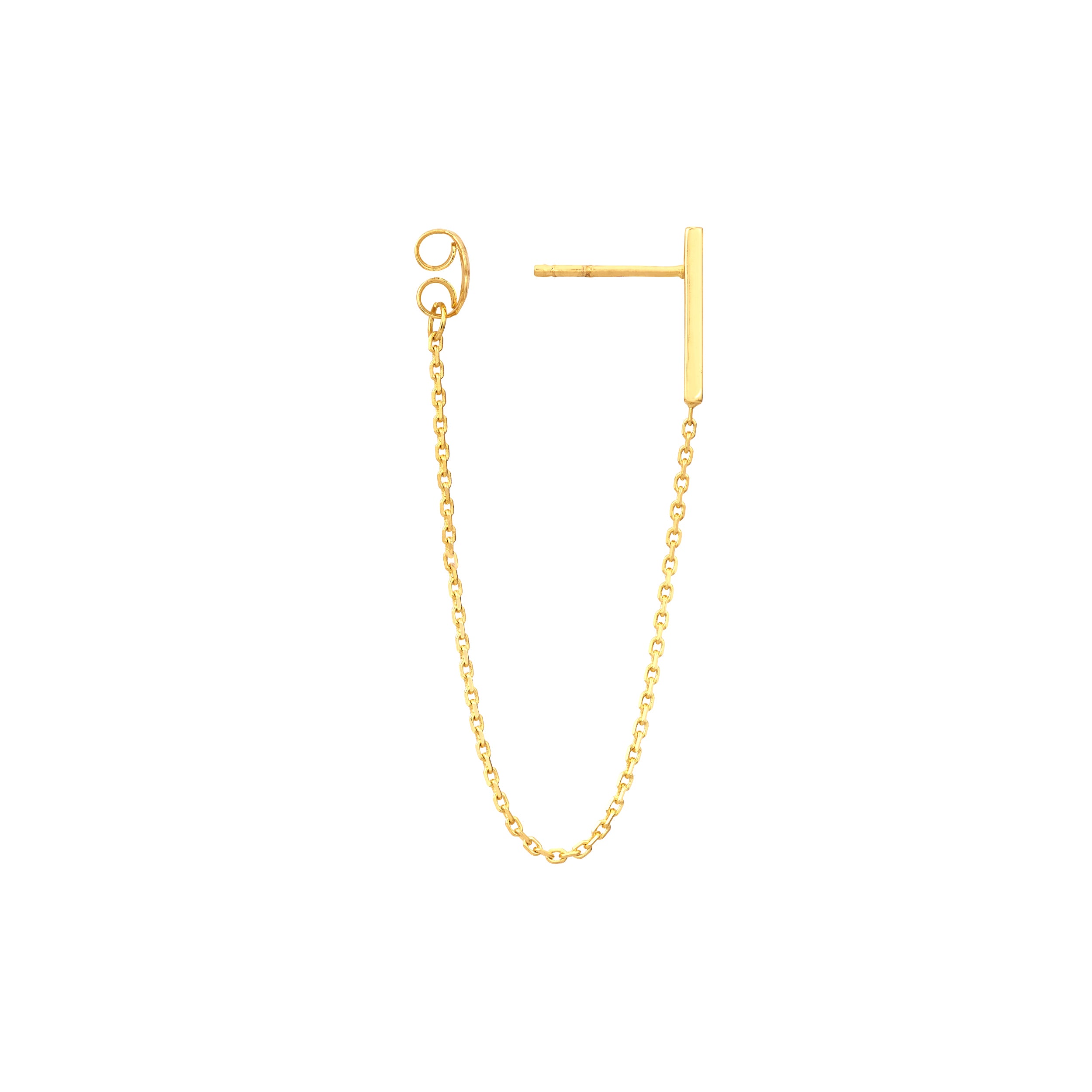 14K gold front-to-back staple bar earrings, detail view