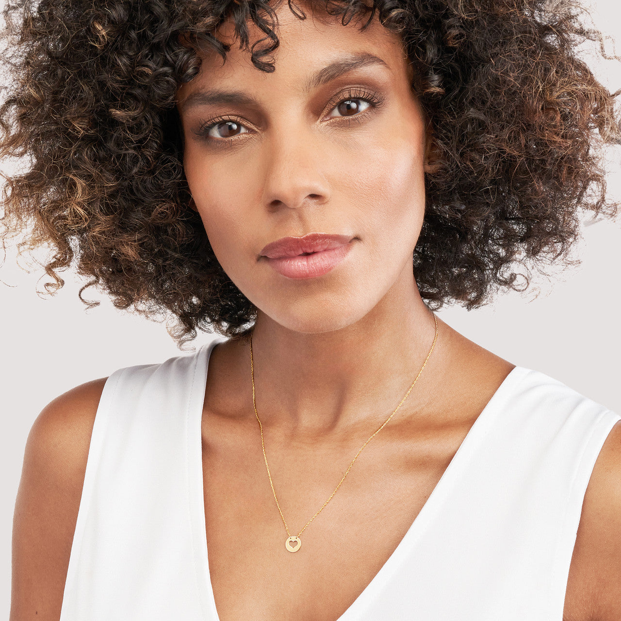 14K gold cutout heart mini disc necklace, detail view