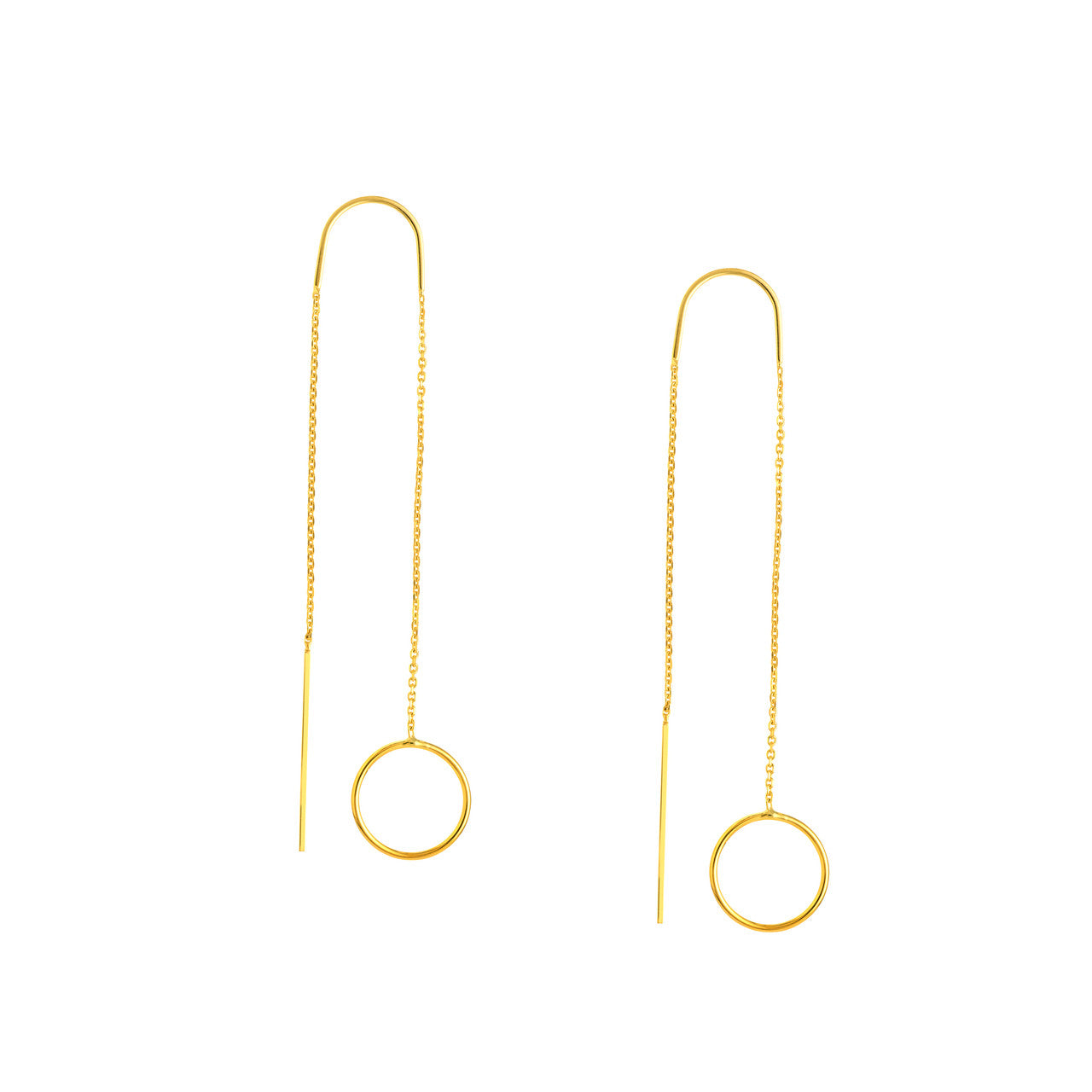 14K gold circle glide threader earrings, minimalist design