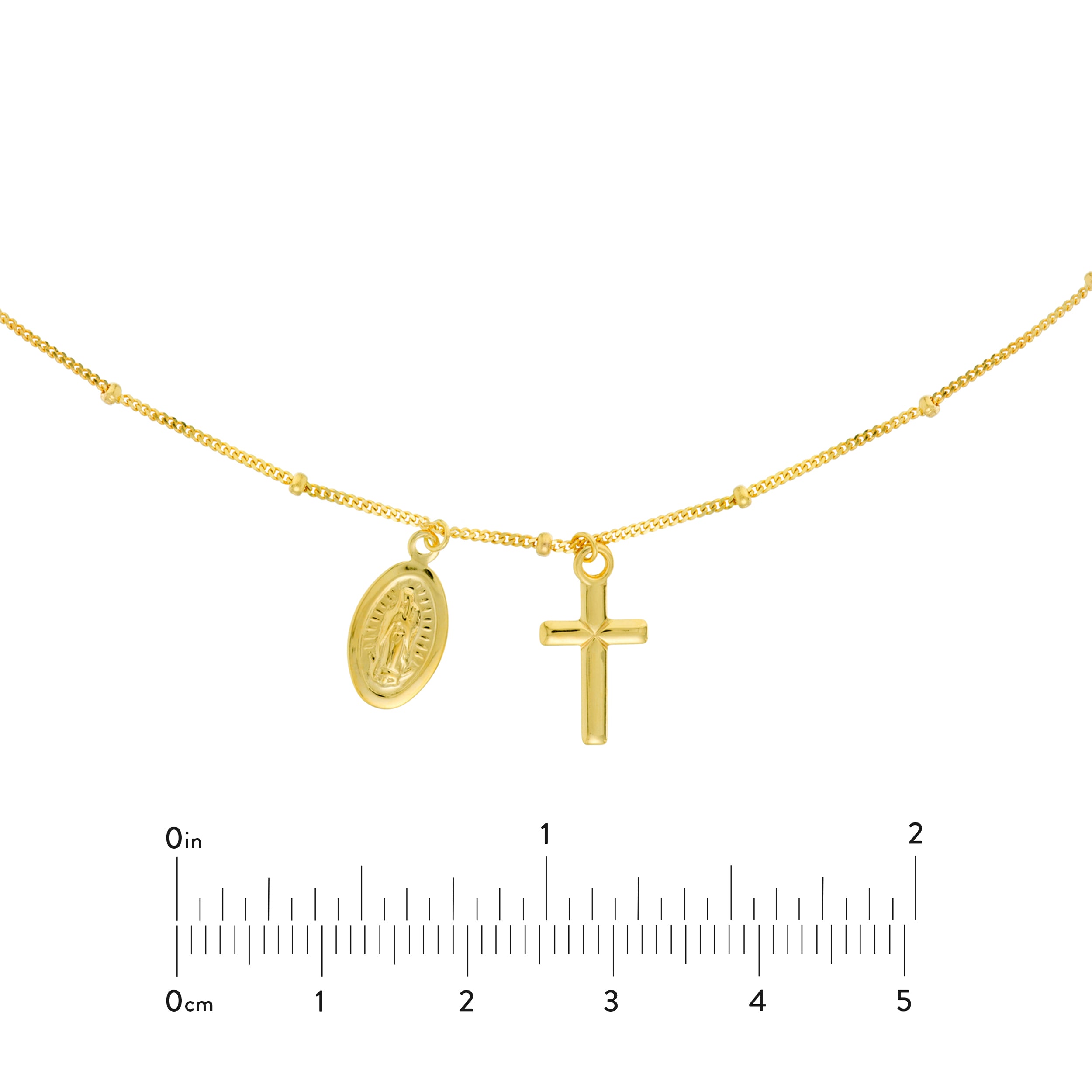 14K gold Mary and cross choker, close-up of the dangle charms