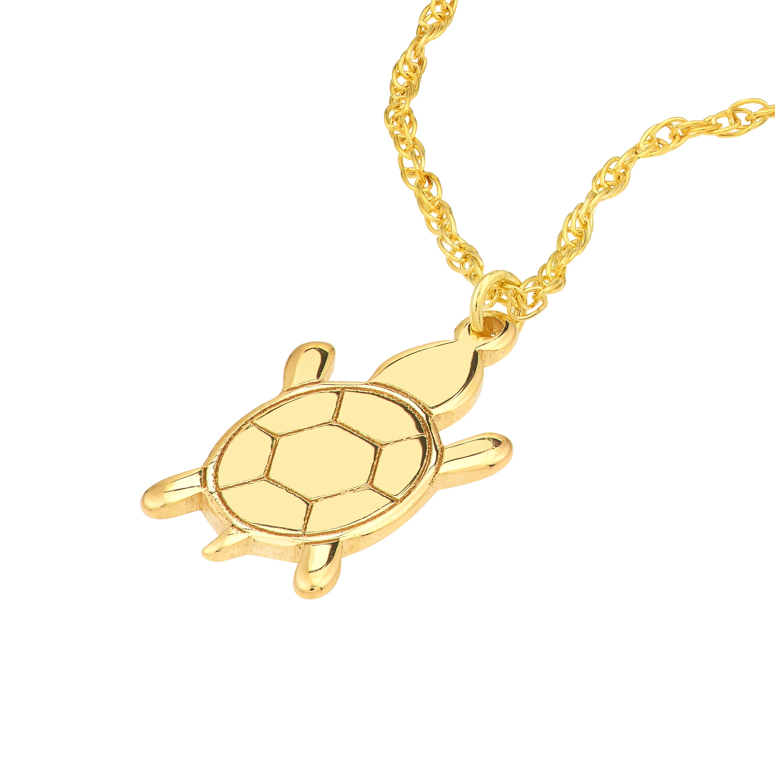 14K gold mini turtle pendant necklace, detail view