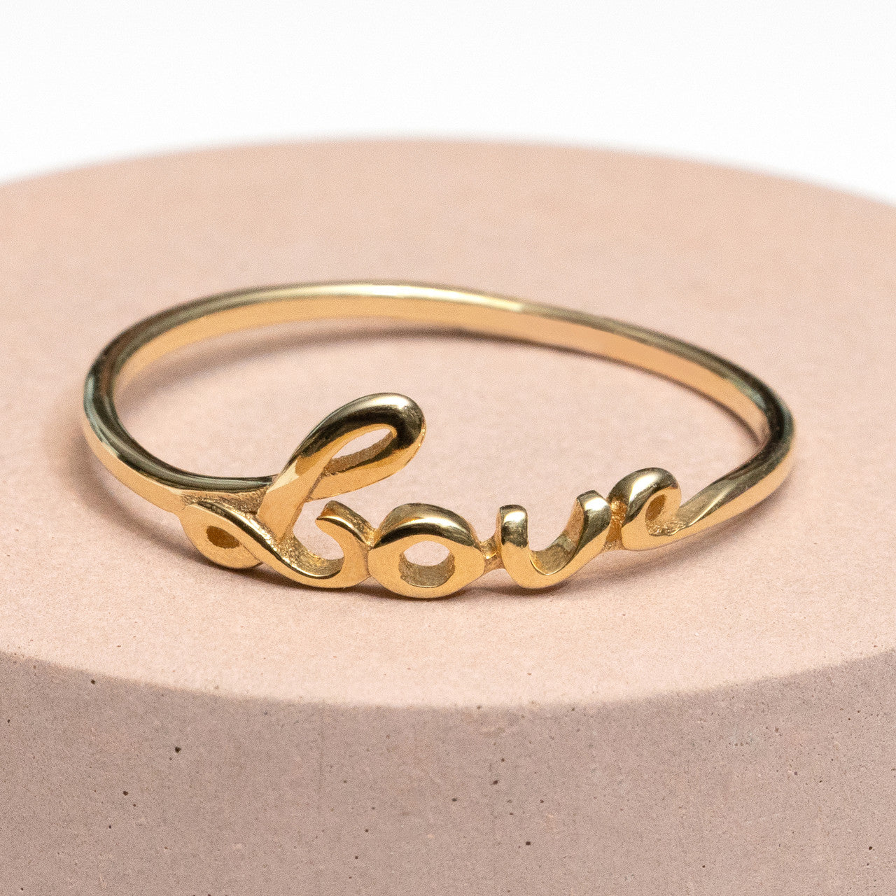 14K gold cursive love ring, delicate script detail