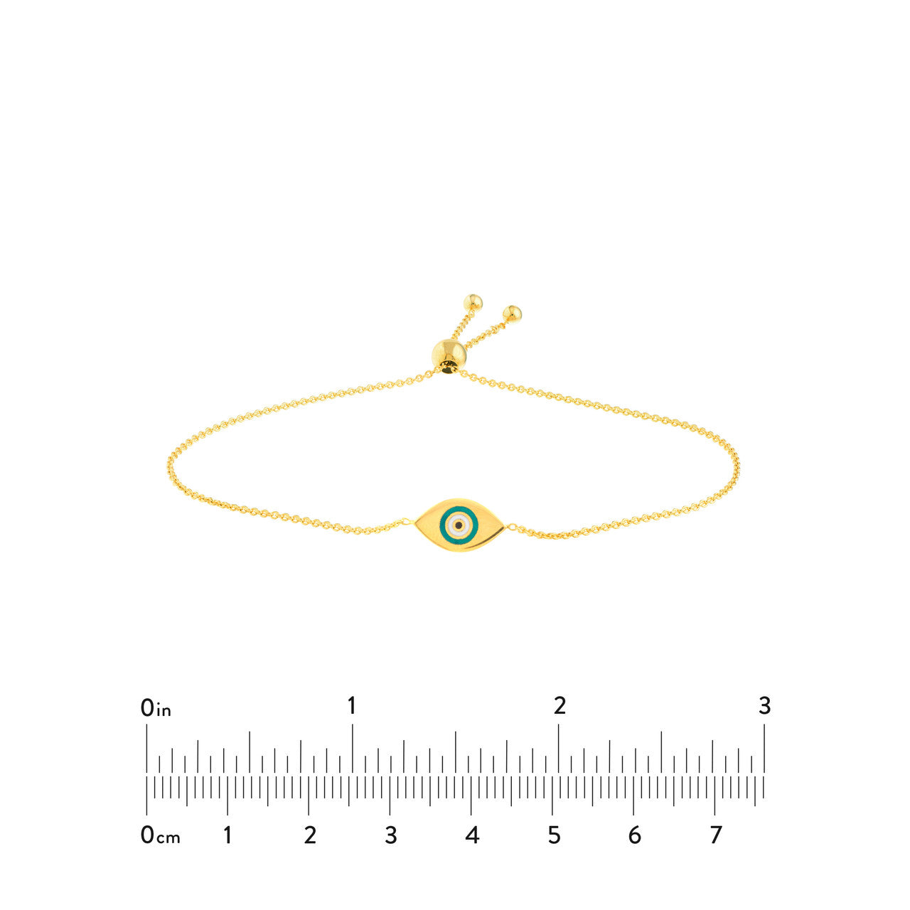 14K gold mini turquoise evil eye bolo bracelet, adjustable chain detail