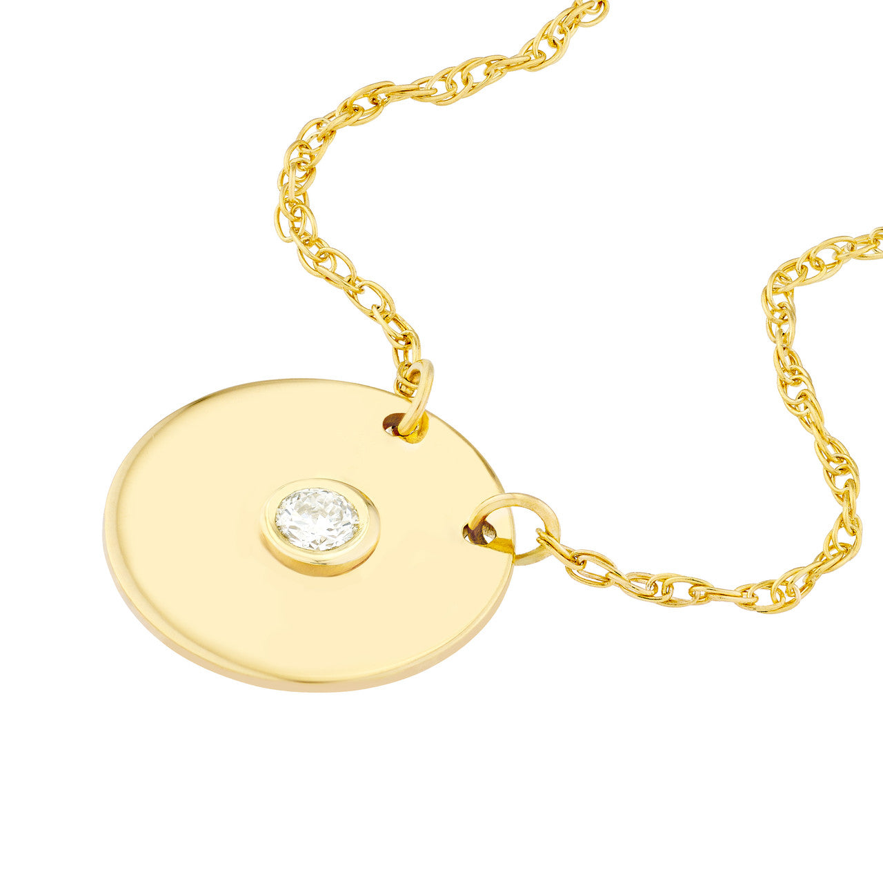 14K gold diamond disk necklace, shimmering surface on a delicate chain