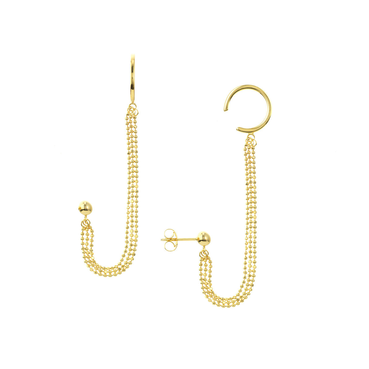 Triple Bead Chain Drape Earrings with Ear Cuff