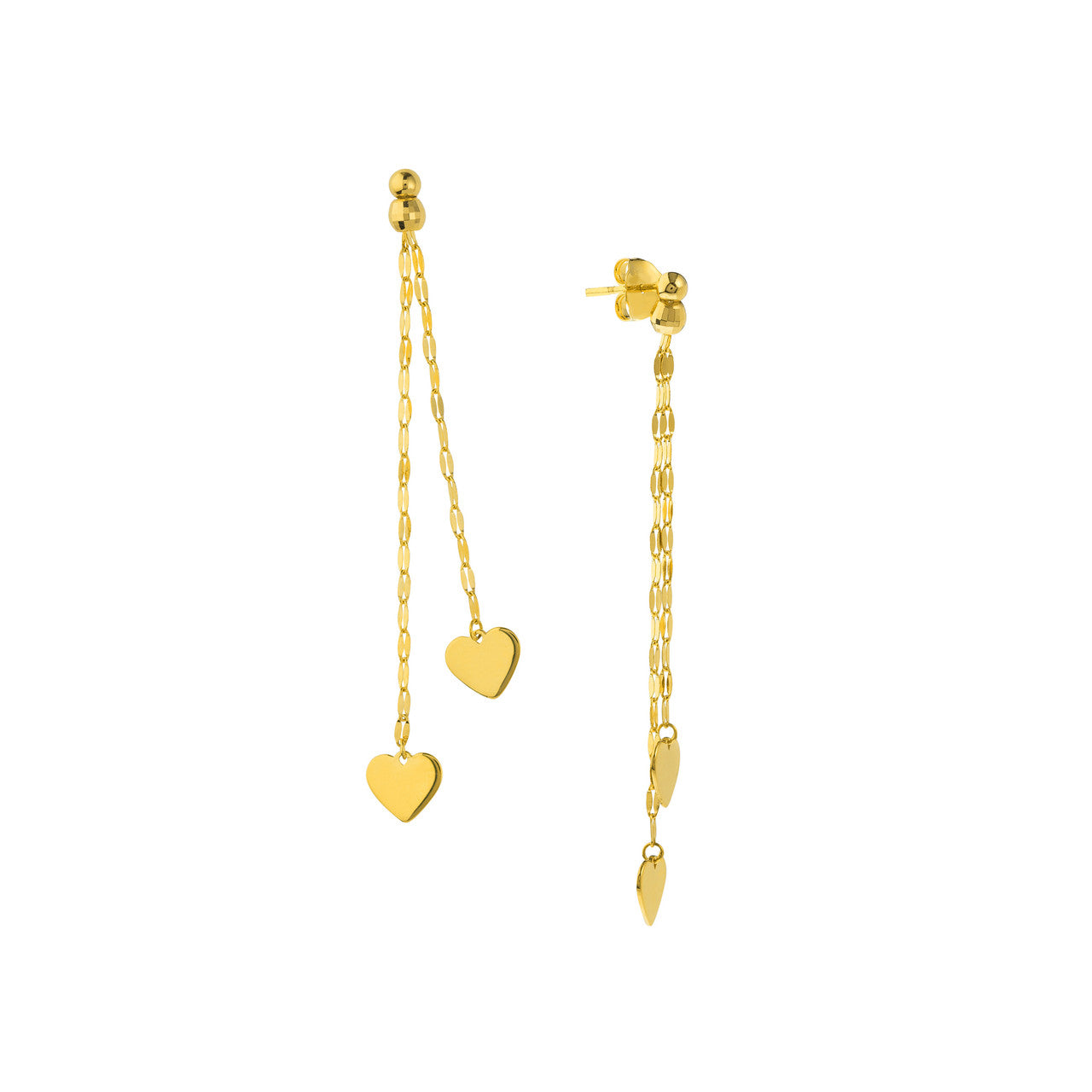 14K gold polished double strand dangle heart earrings