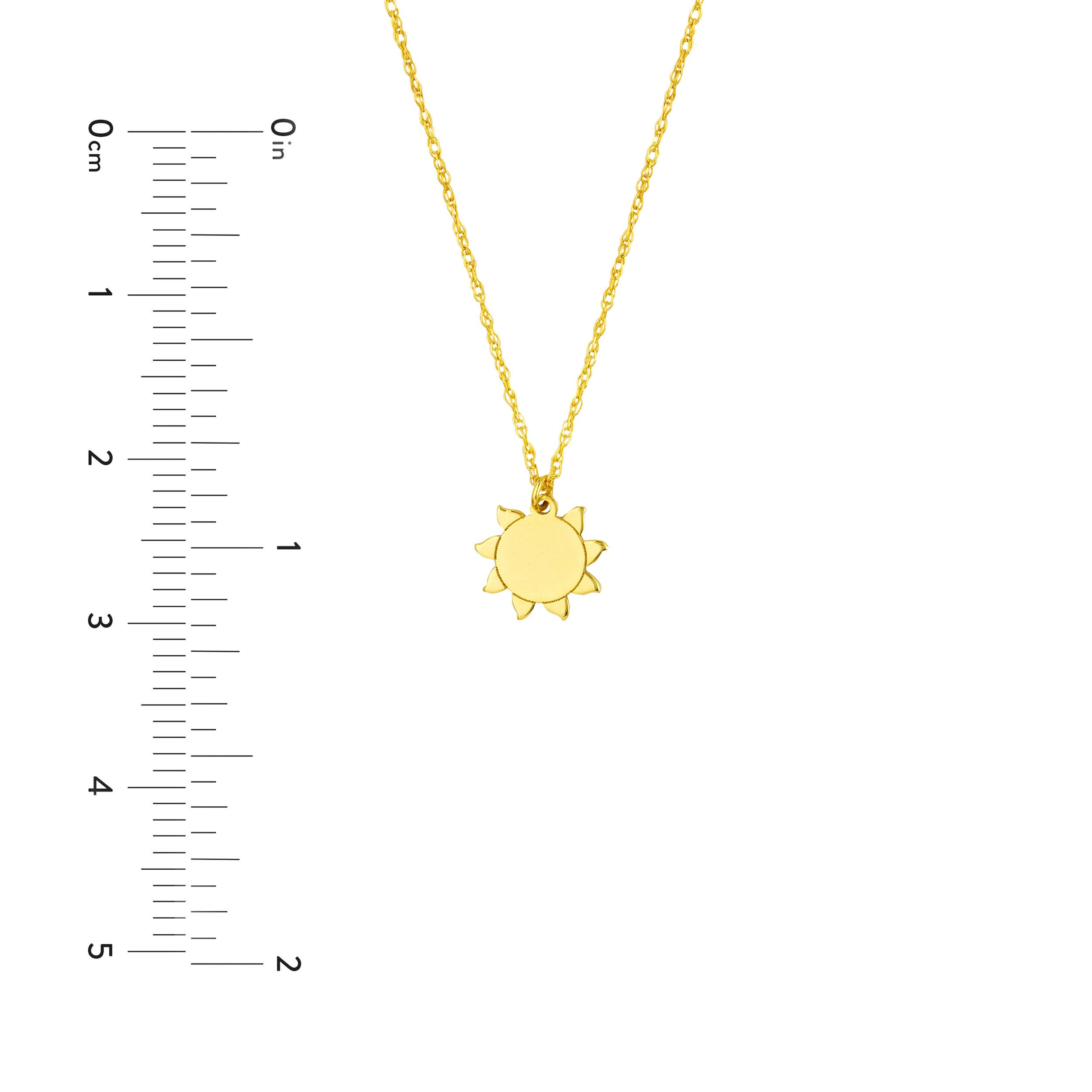 14K gold sun pendant necklace, side view