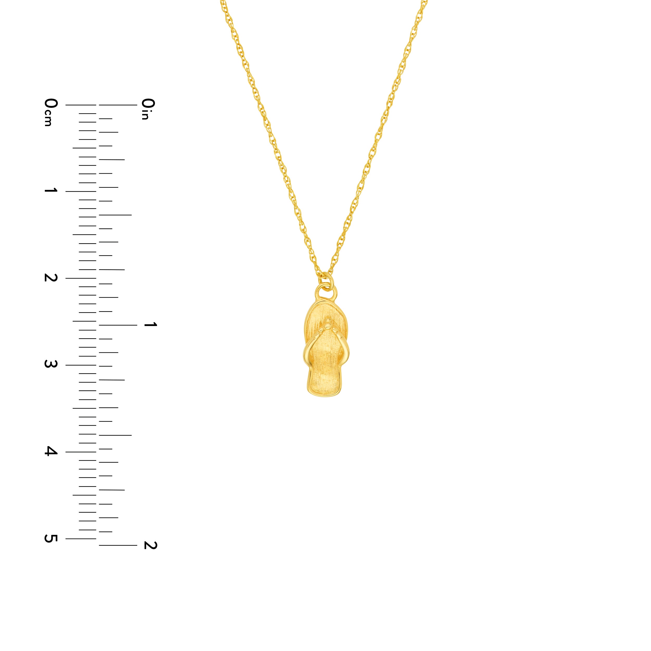 14K gold flip flop pendant necklace, side view