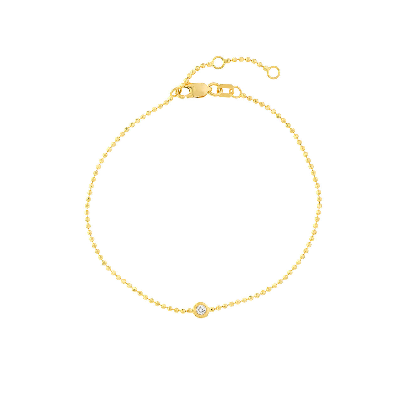 14K gold diamond dot beaded chain bracelet on a neutral background
