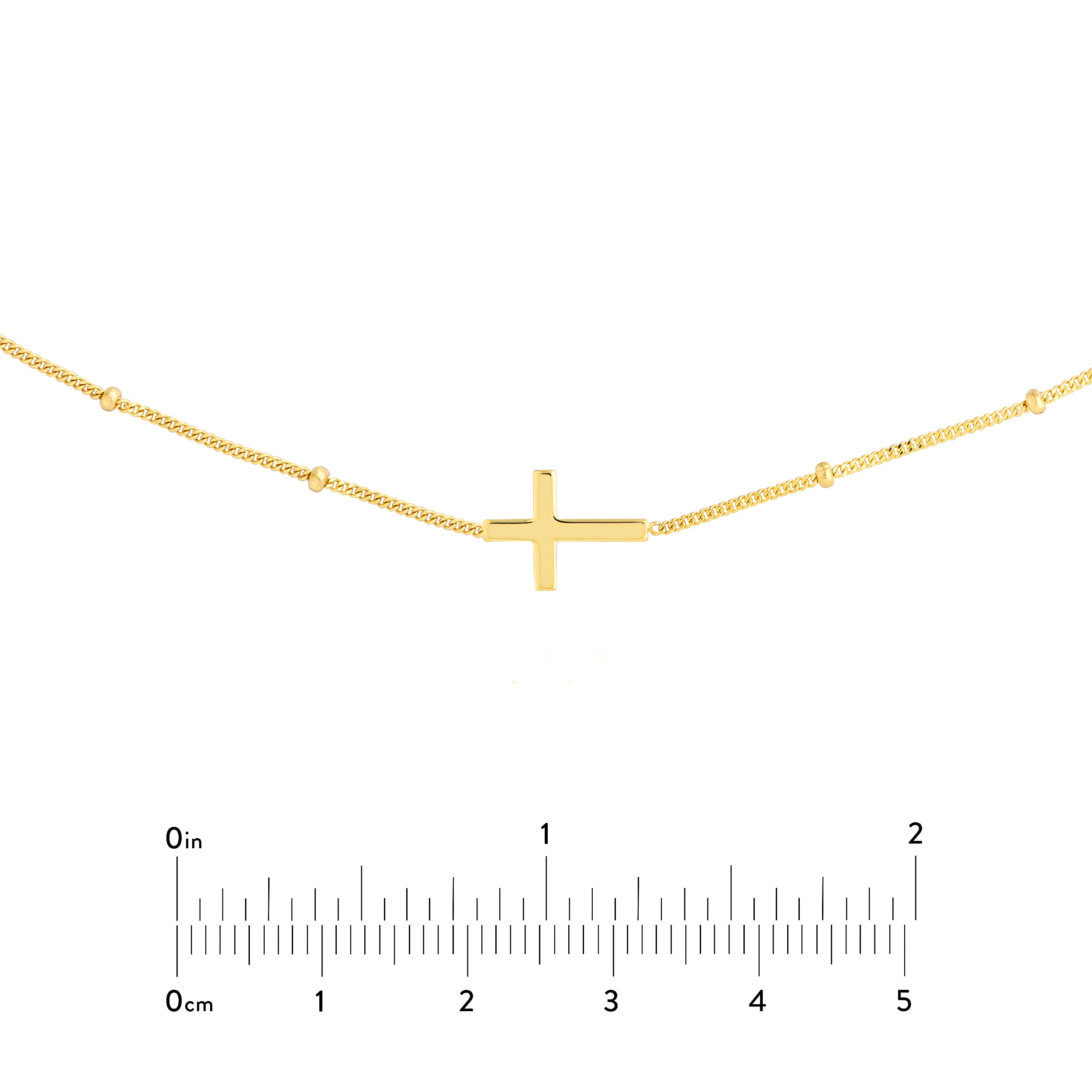 14K gold cross choker on Saturn chain, close-up of the cross