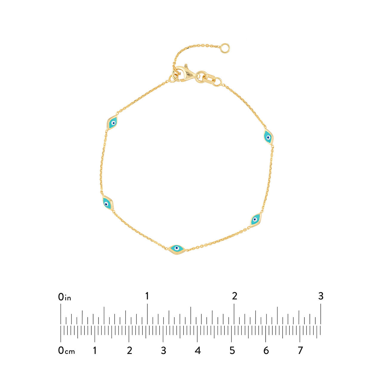 14K gold turquoise enamel evil eye station bracelet, close-up view