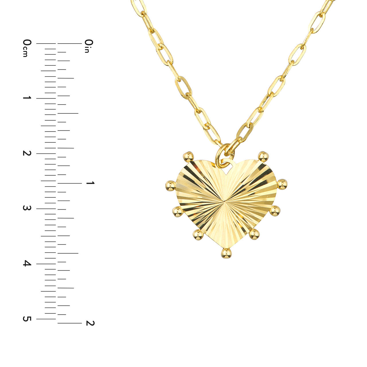 14K gold bead-trim fluted heart medallion necklace size guide