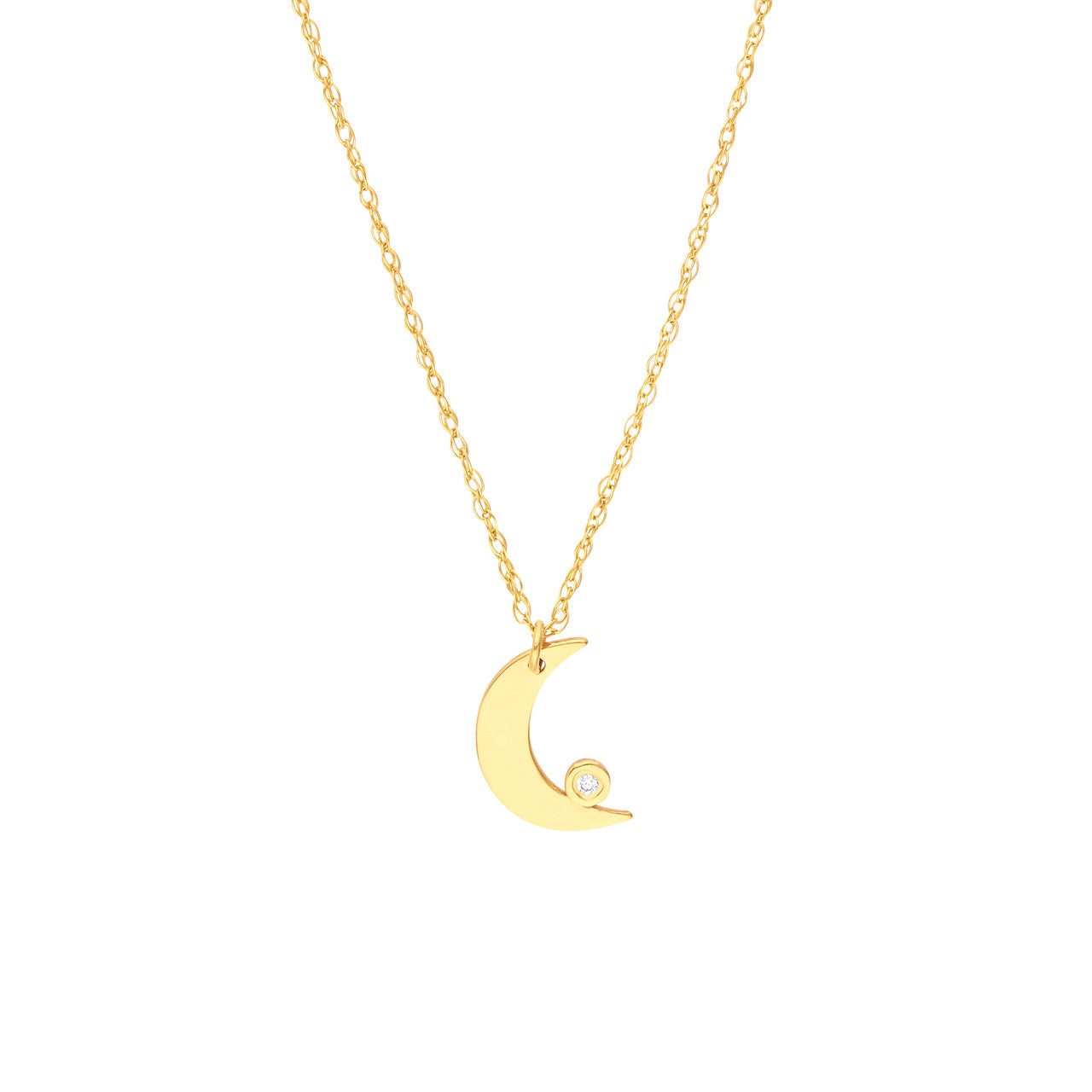 14K gold diamond bezel half moon necklace on a delicate chain, neutral background